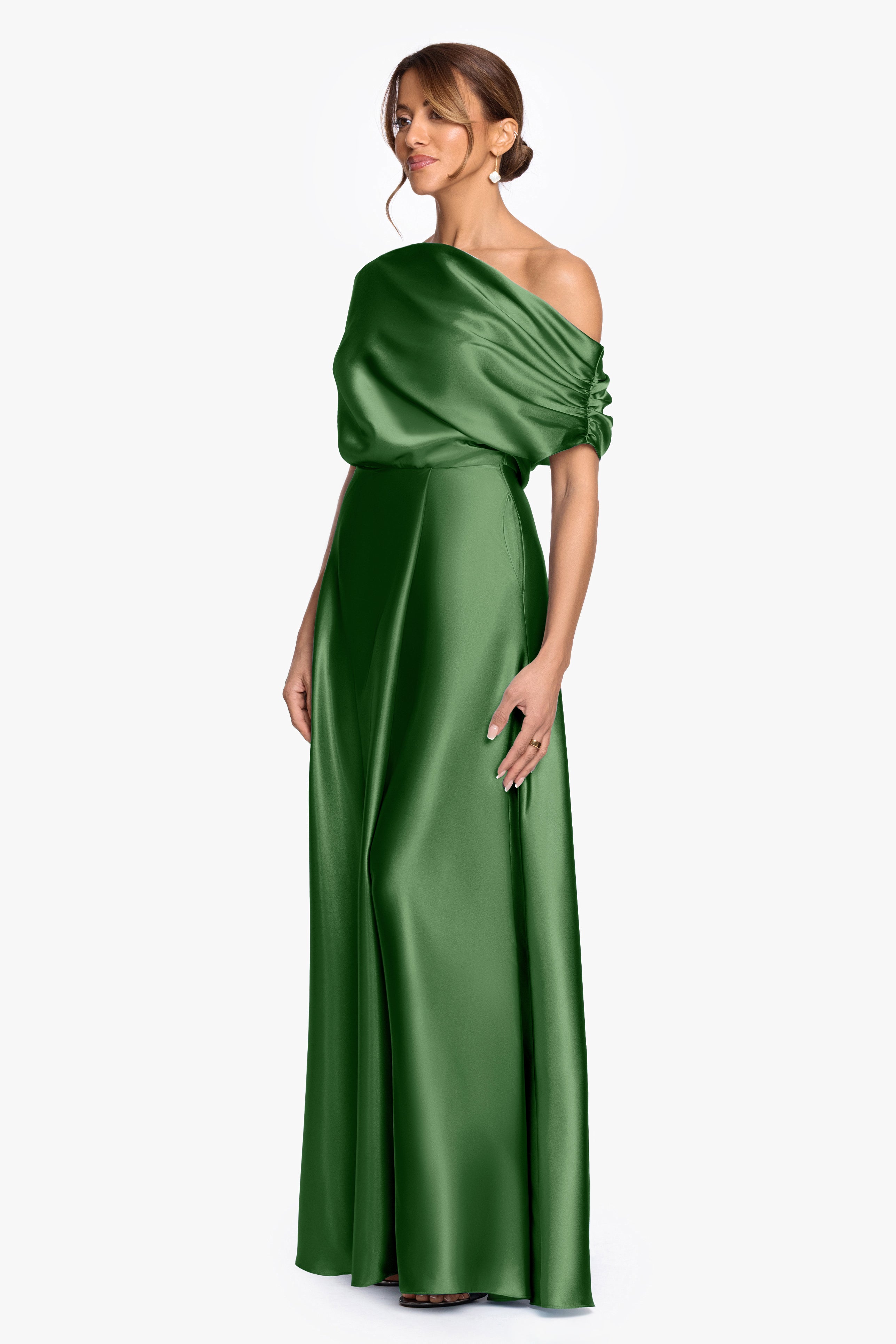 "Soley" Satin Off The Shoulder Ruched Gown