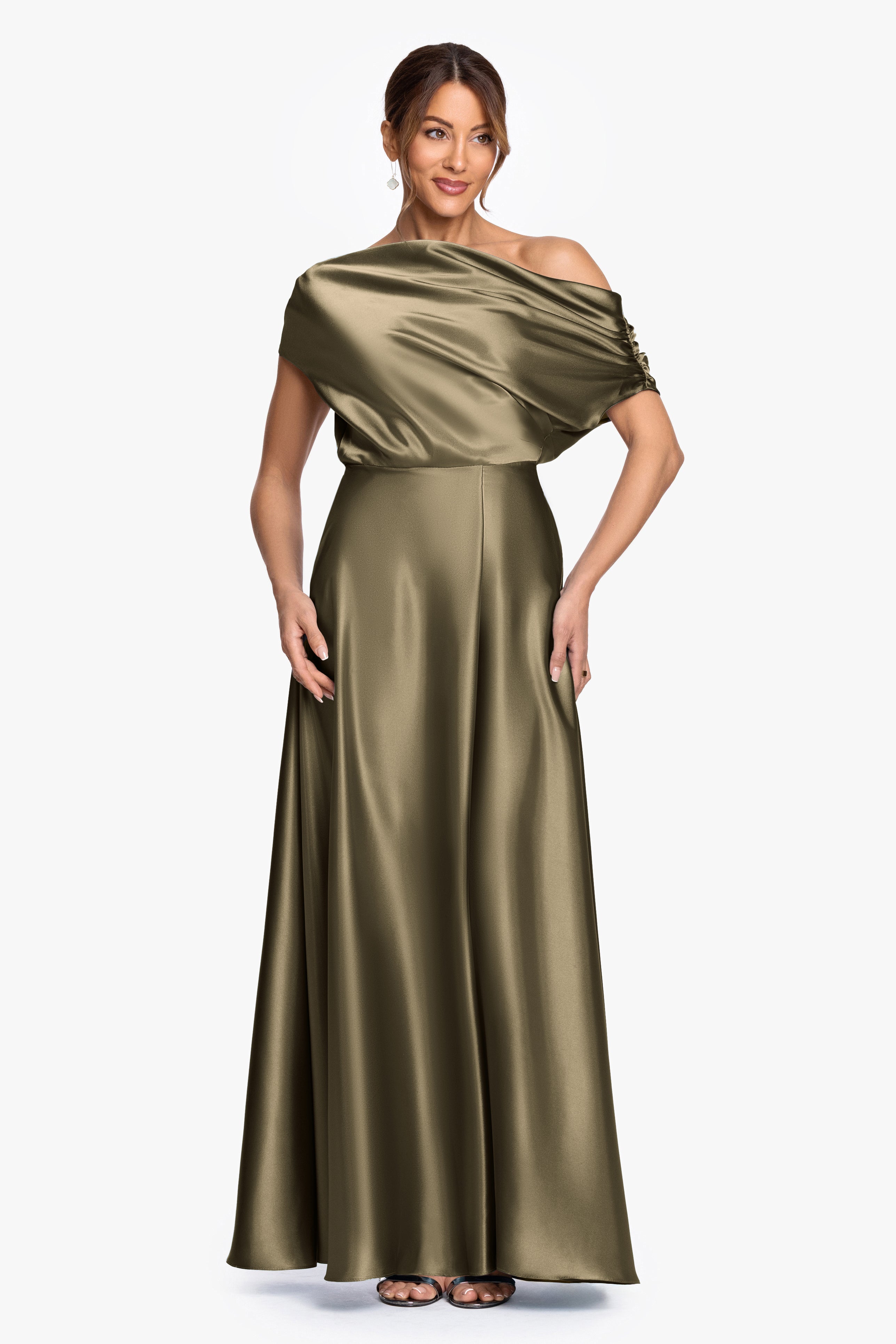 "Soley" Satin Off The Shoulder Ruched Gown