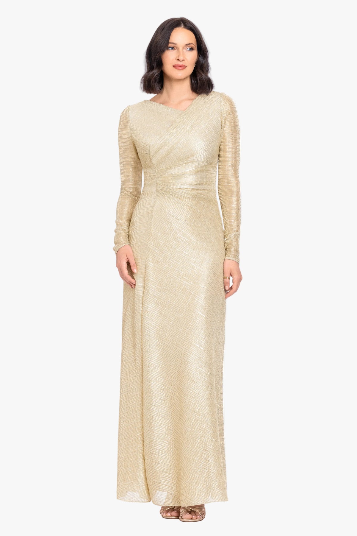 "Bondi" Metallic Crinkle Long Sleeve Asymmetrical Neckline Dress