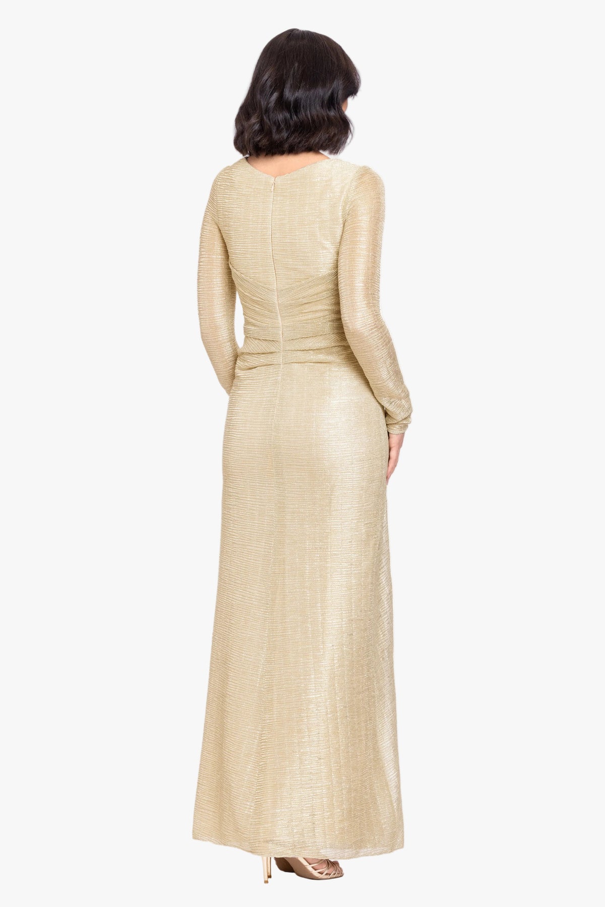 "Bondi" Metallic Crinkle Long Sleeve Asymmetrical Neckline Dress