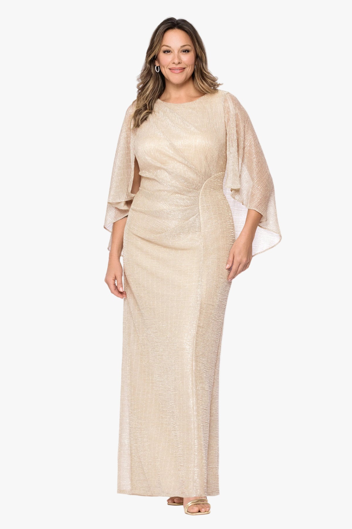 Plus "Melinda" Metallic Crinkle Cape Dress