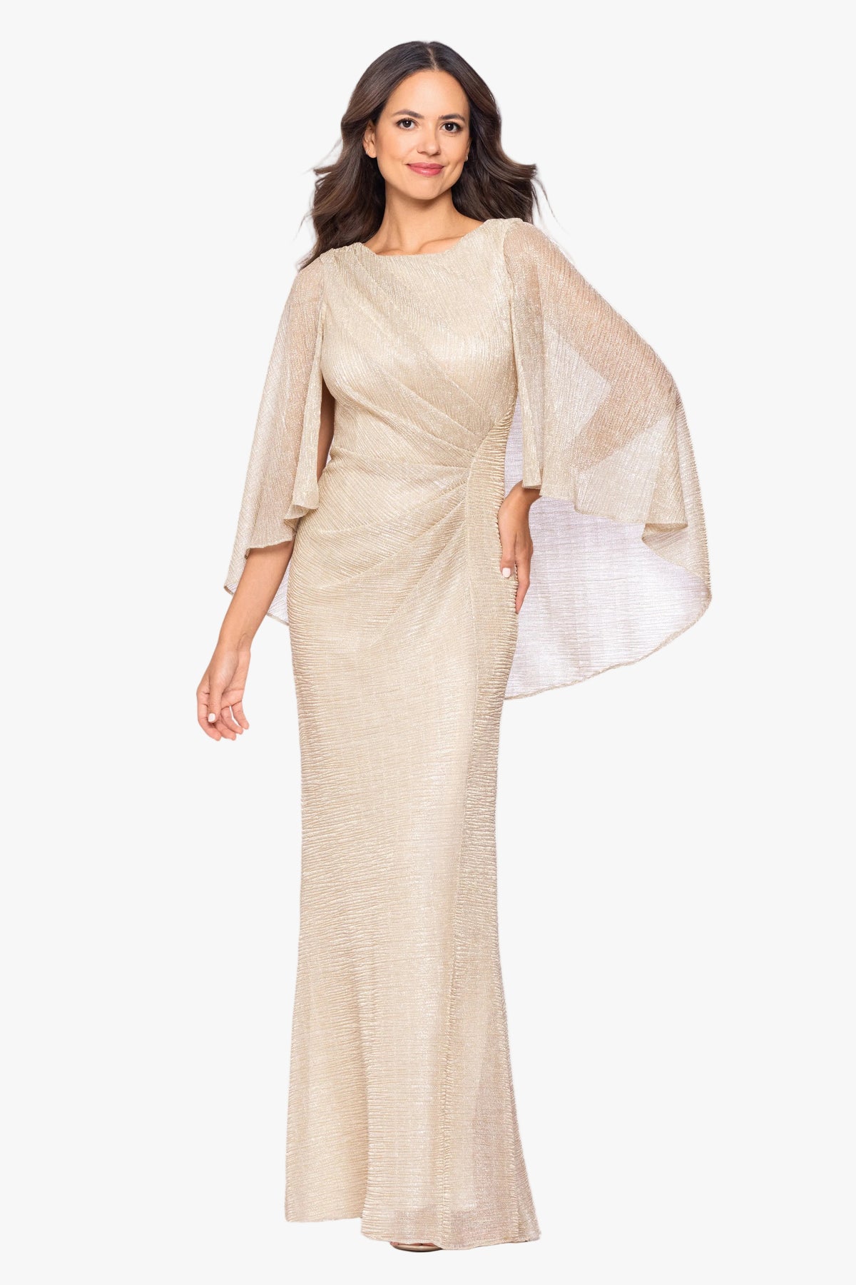 "Melinda" Metallic Crinkle Cape Dress
