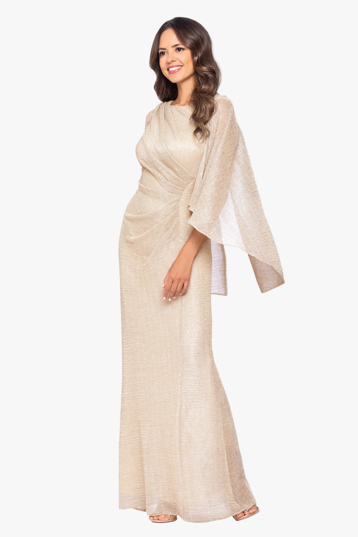 "Melinda" Metallic Crinkle Cape Dress