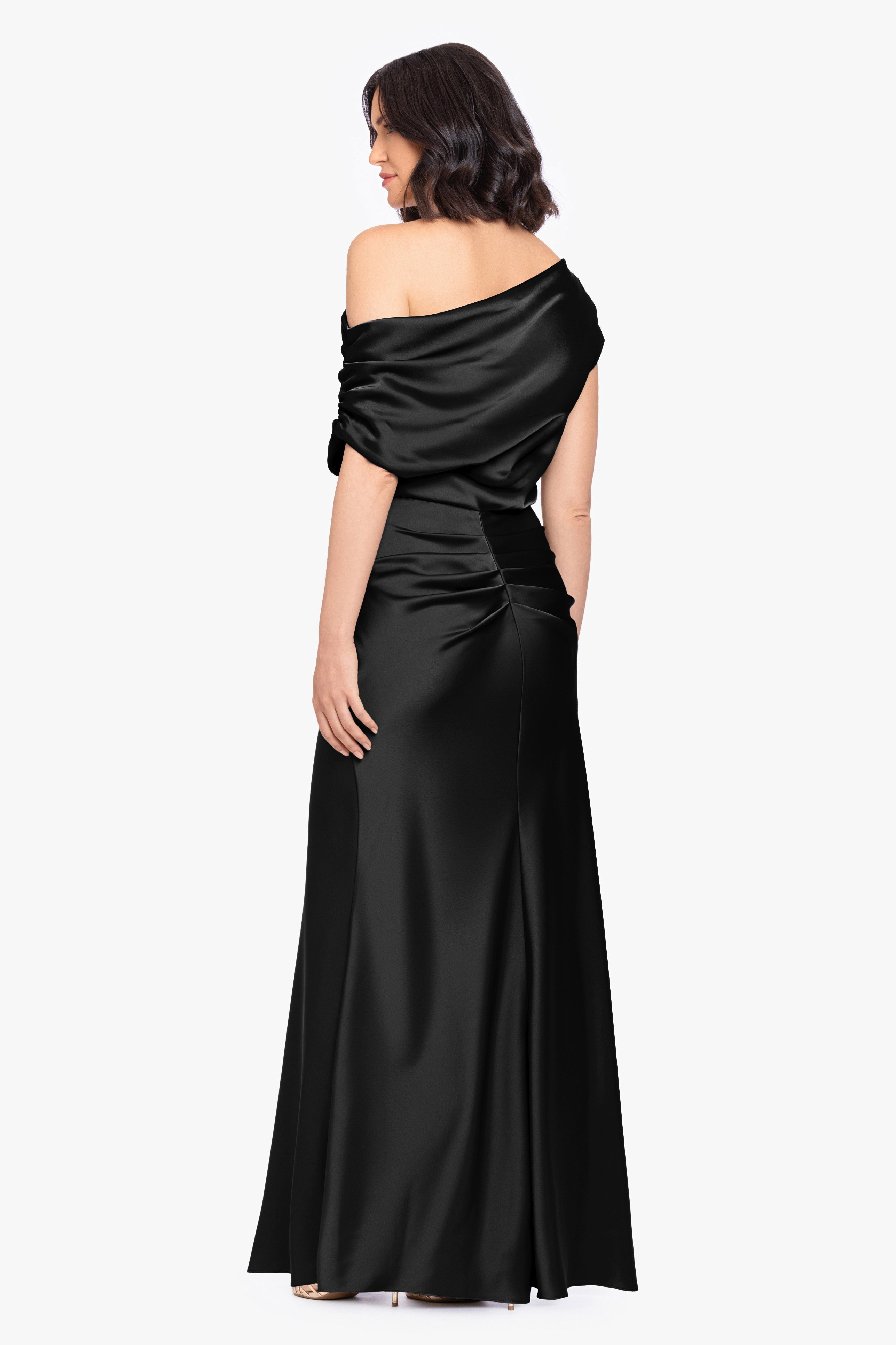 “Hailey” Double Faced Satin Off The Shoulder Ruched Dress