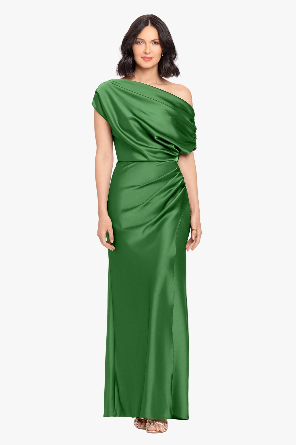 “Hailey” Double Faced Satin Off The Shoulder Ruched Dress