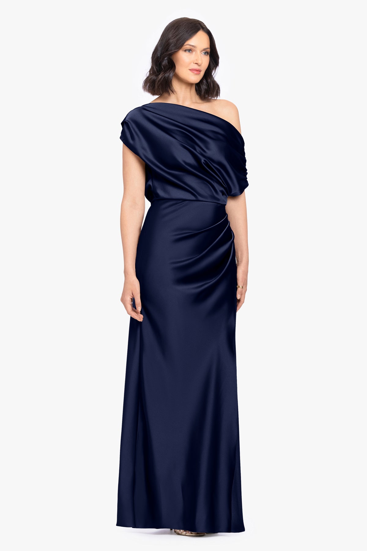 Petite “Hailey” Double Faced Satin Off The Shoulder Ruched Dress