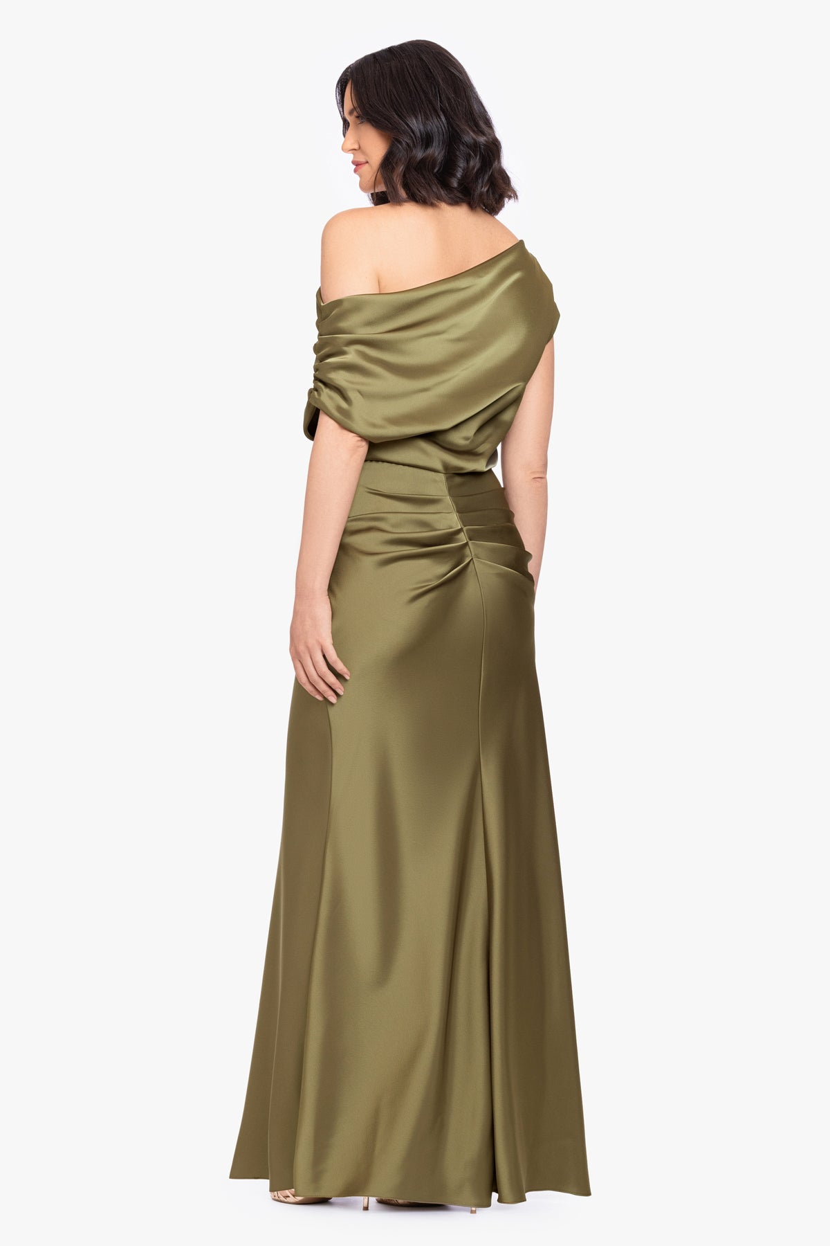 Petite “Hailey” Double Faced Satin Off The Shoulder Ruched Dress
