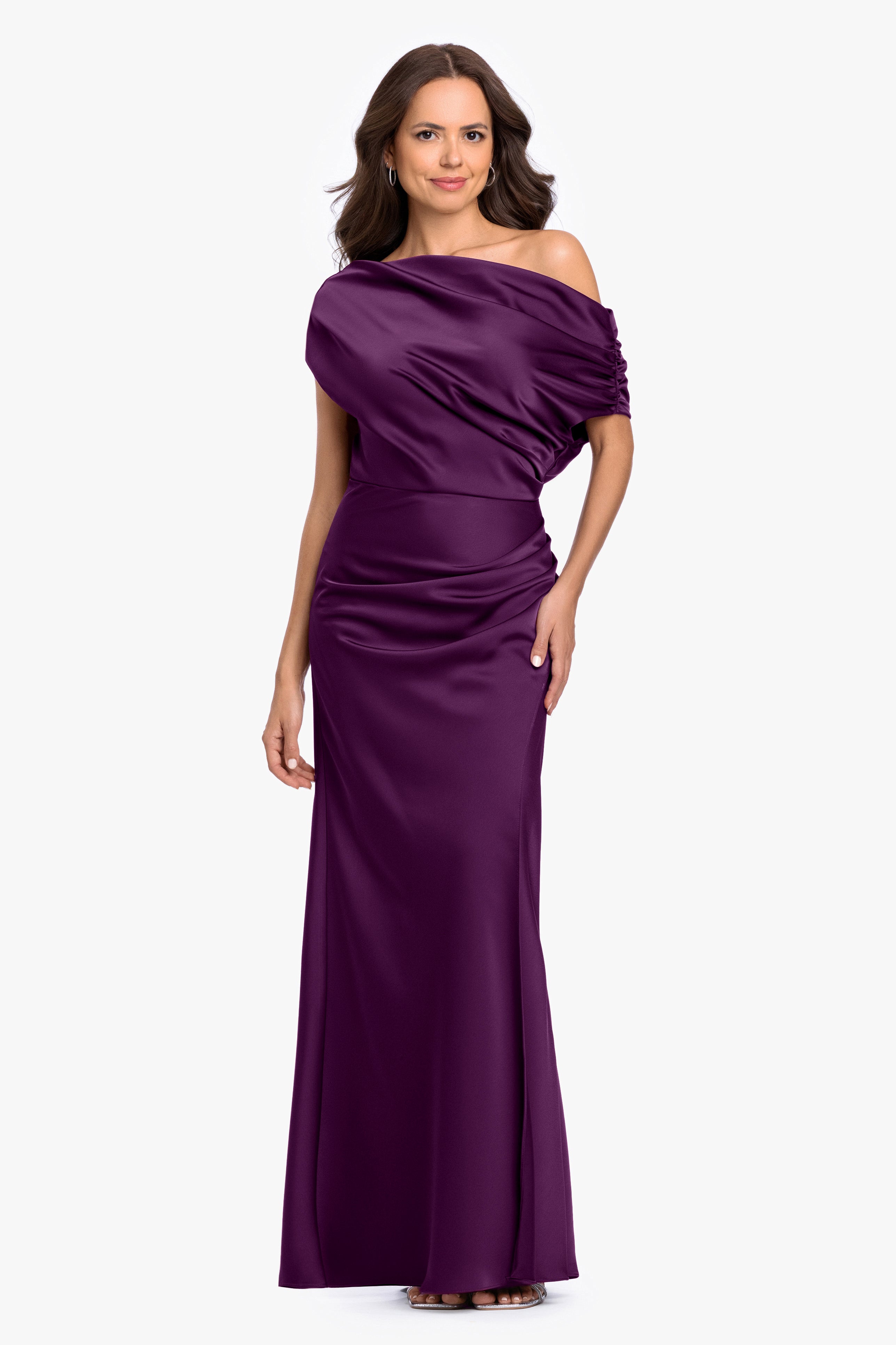 “Hailey” Double Satin Off The Shoulder Ruched Dress