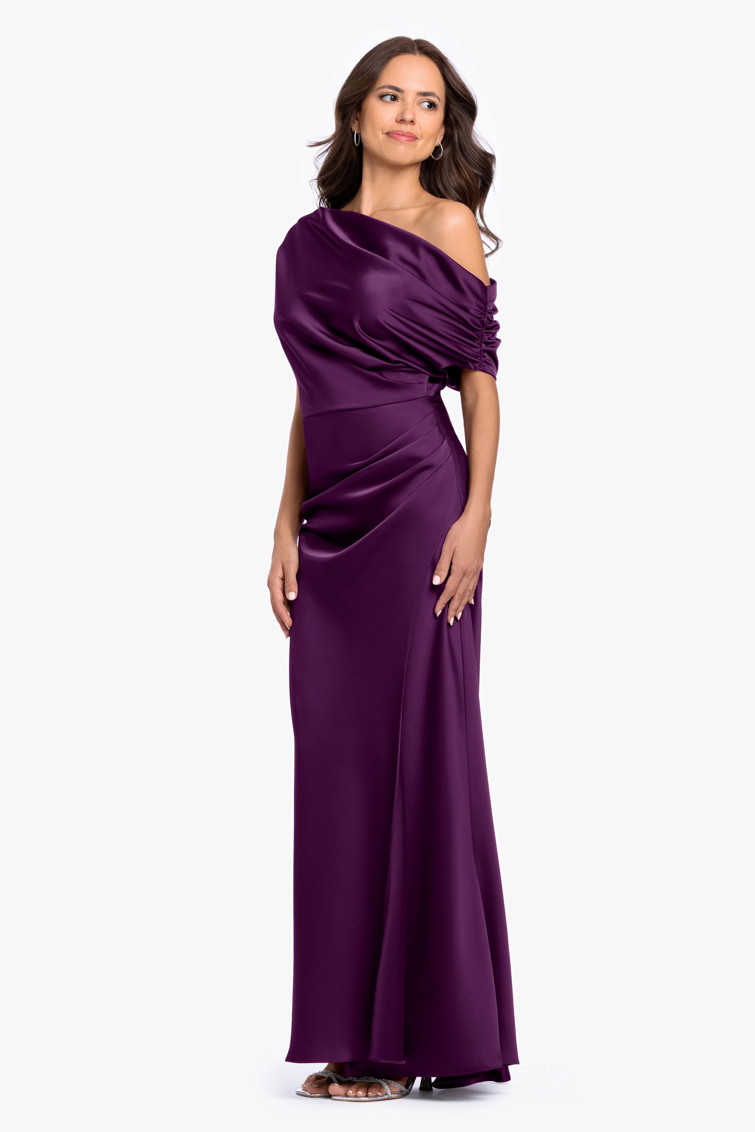 “Hailey” Double Satin Off The Shoulder Ruched Dress