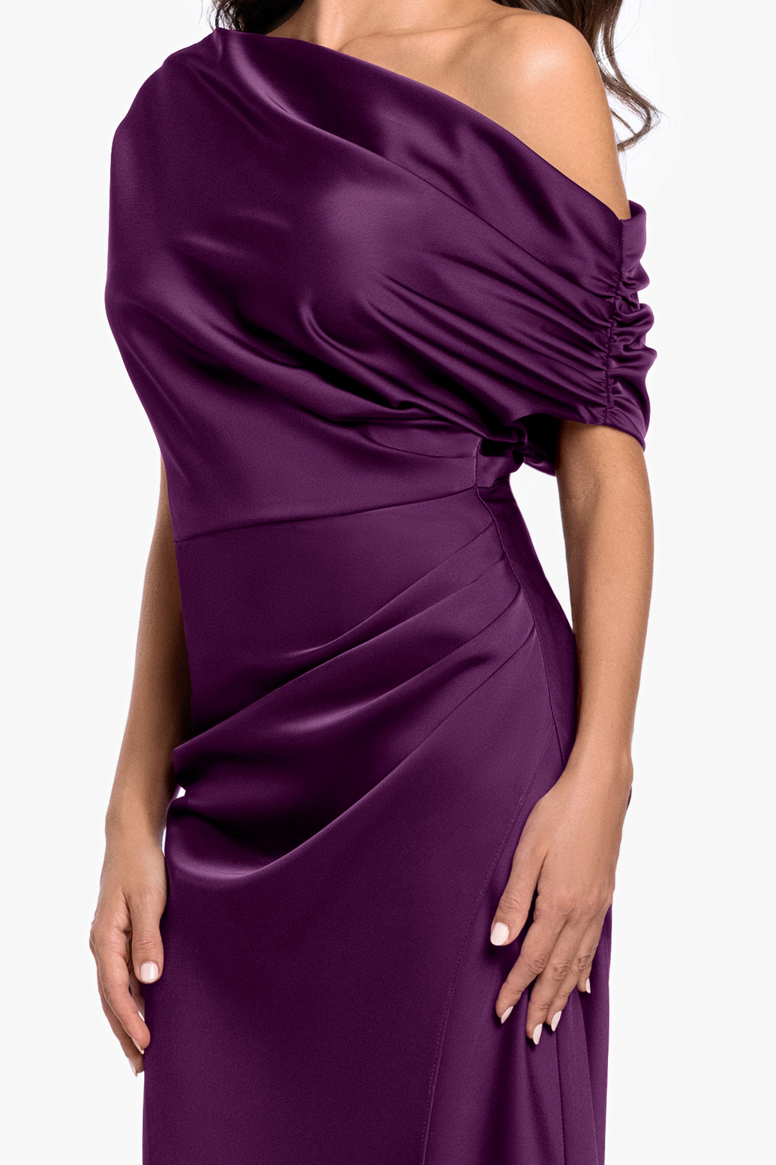“Hailey” Double Satin Off The Shoulder Ruched Dress