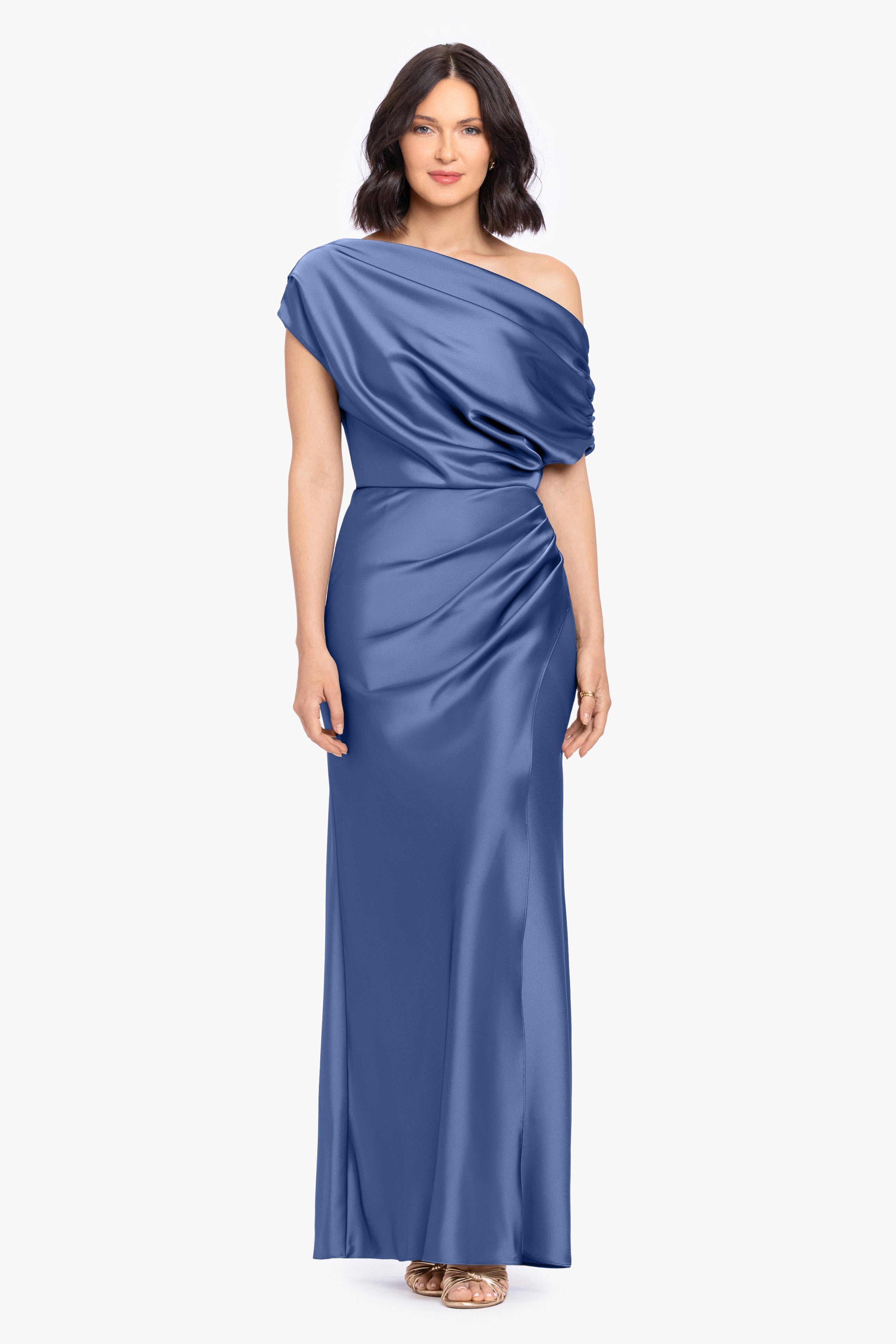 “Hailey” Double Faced Satin Off The Shoulder Ruched Dress