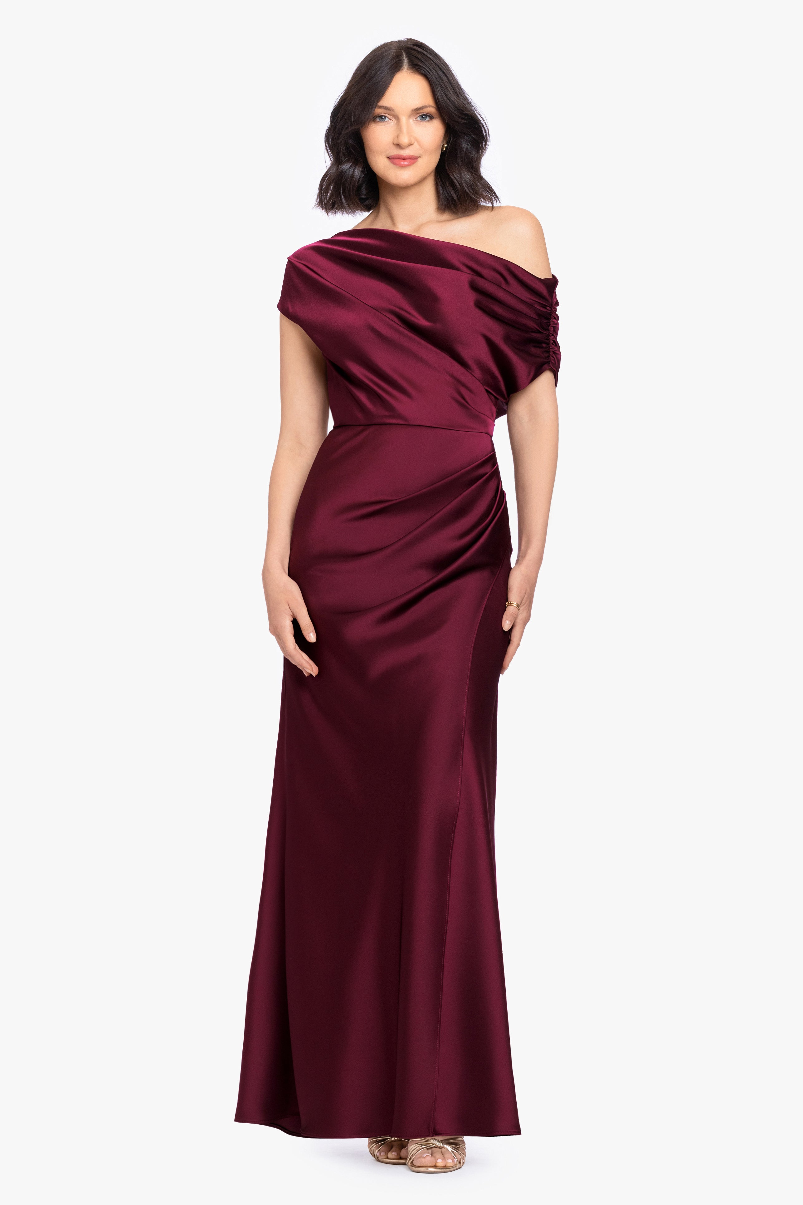 “Hailey” Double Faced Satin Off The Shoulder Ruched Dress