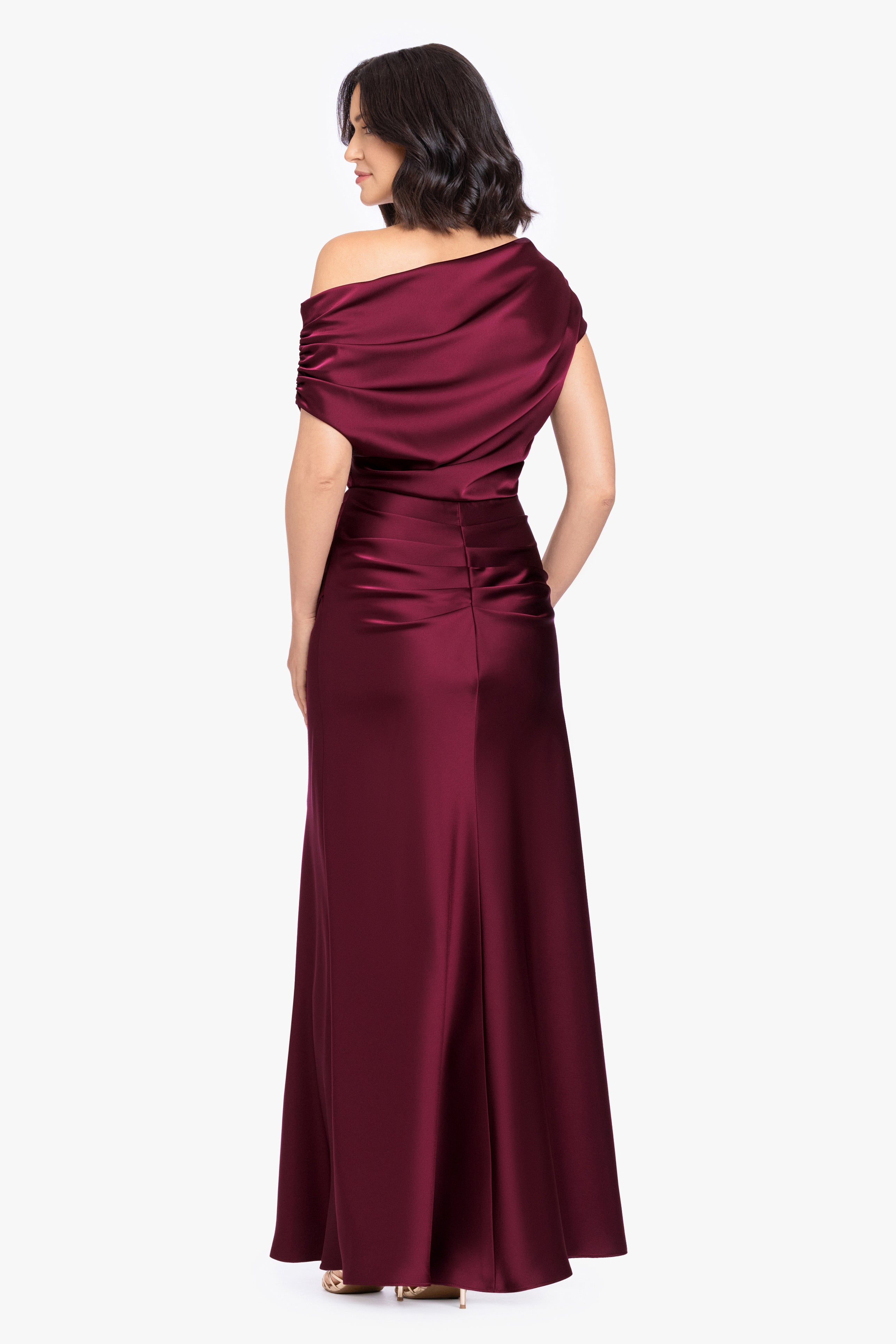 “Hailey” Double Faced Satin Off The Shoulder Ruched Dress