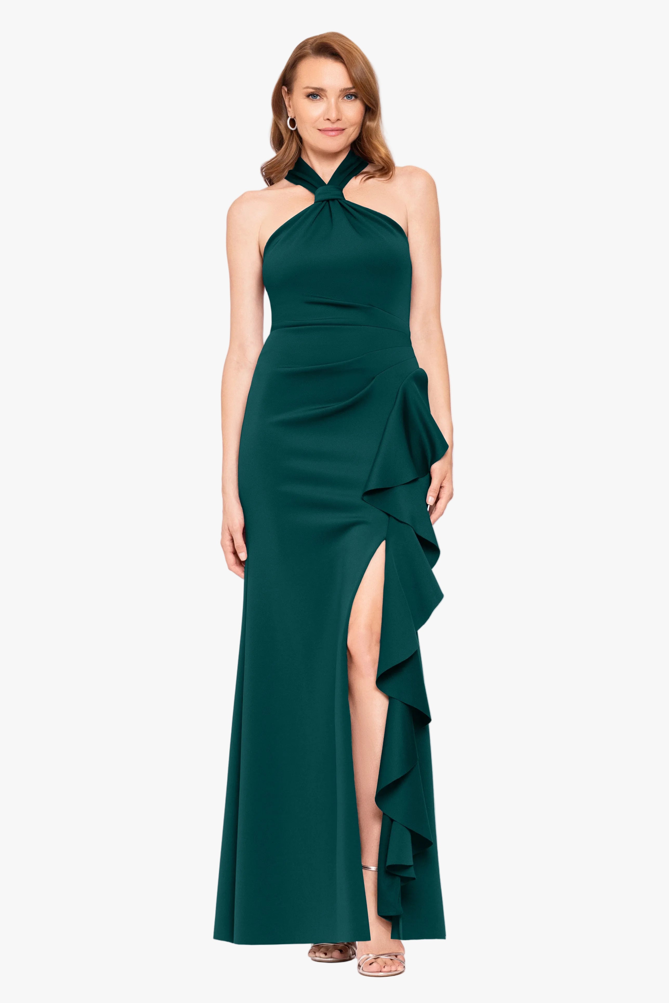 "Hazel" Scuba Crepe Knotted Neck Side Ruffle Dress