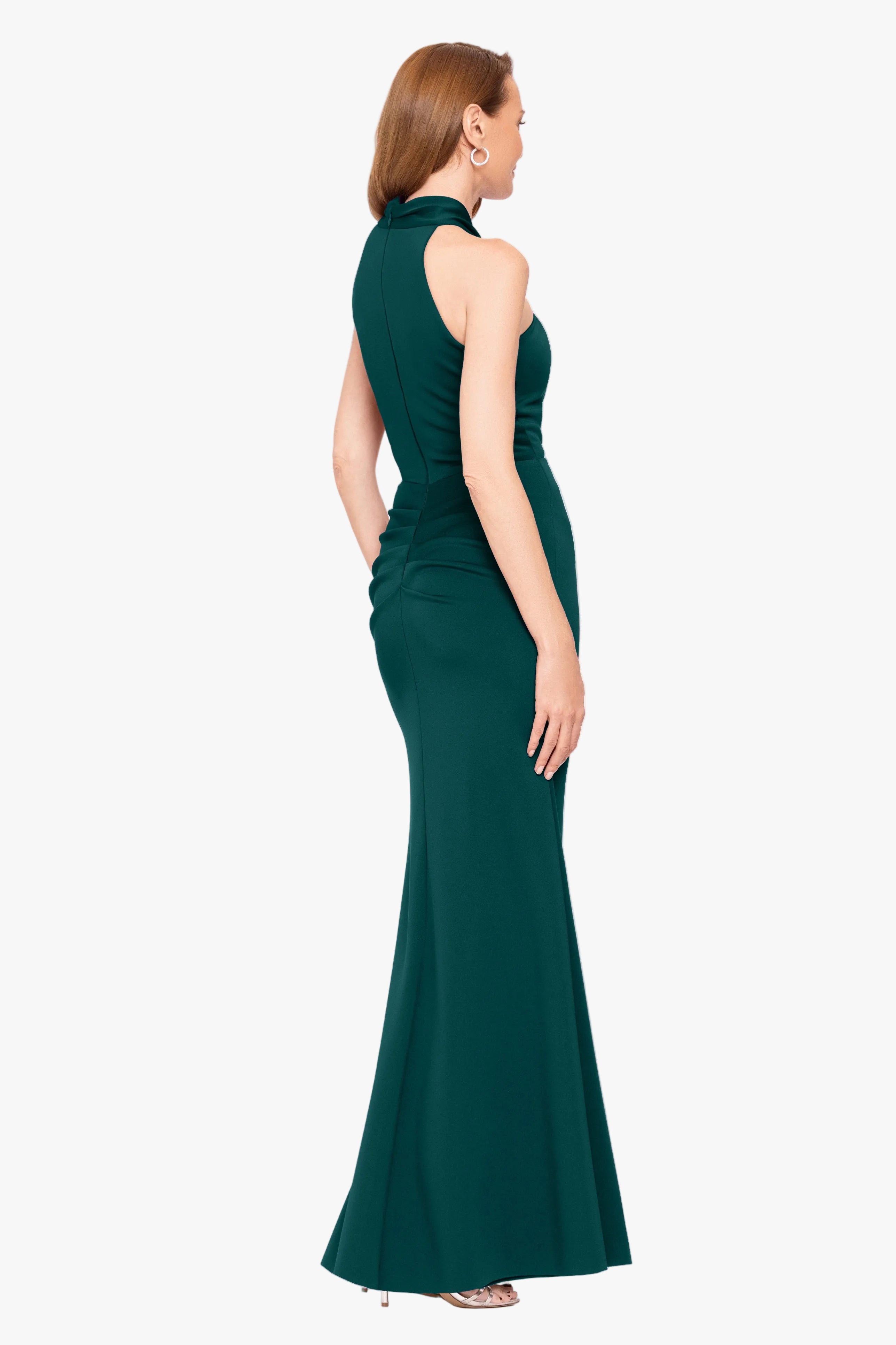 "Hazel" Scuba Crepe Knotted Neck Side Ruffle Dress