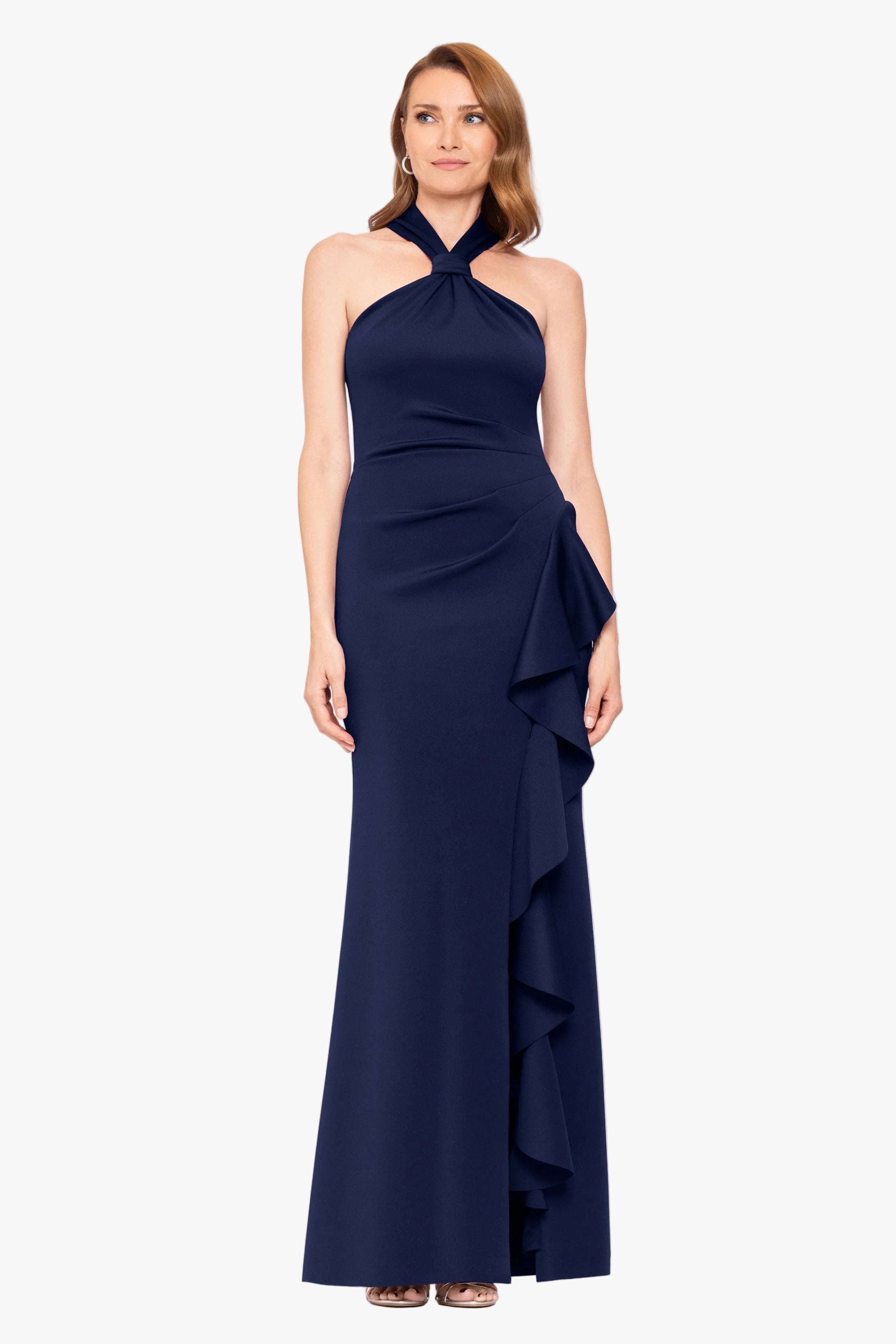 Petite "Hazel" Scuba Crepe Knotted Neck Side Ruffle Dress