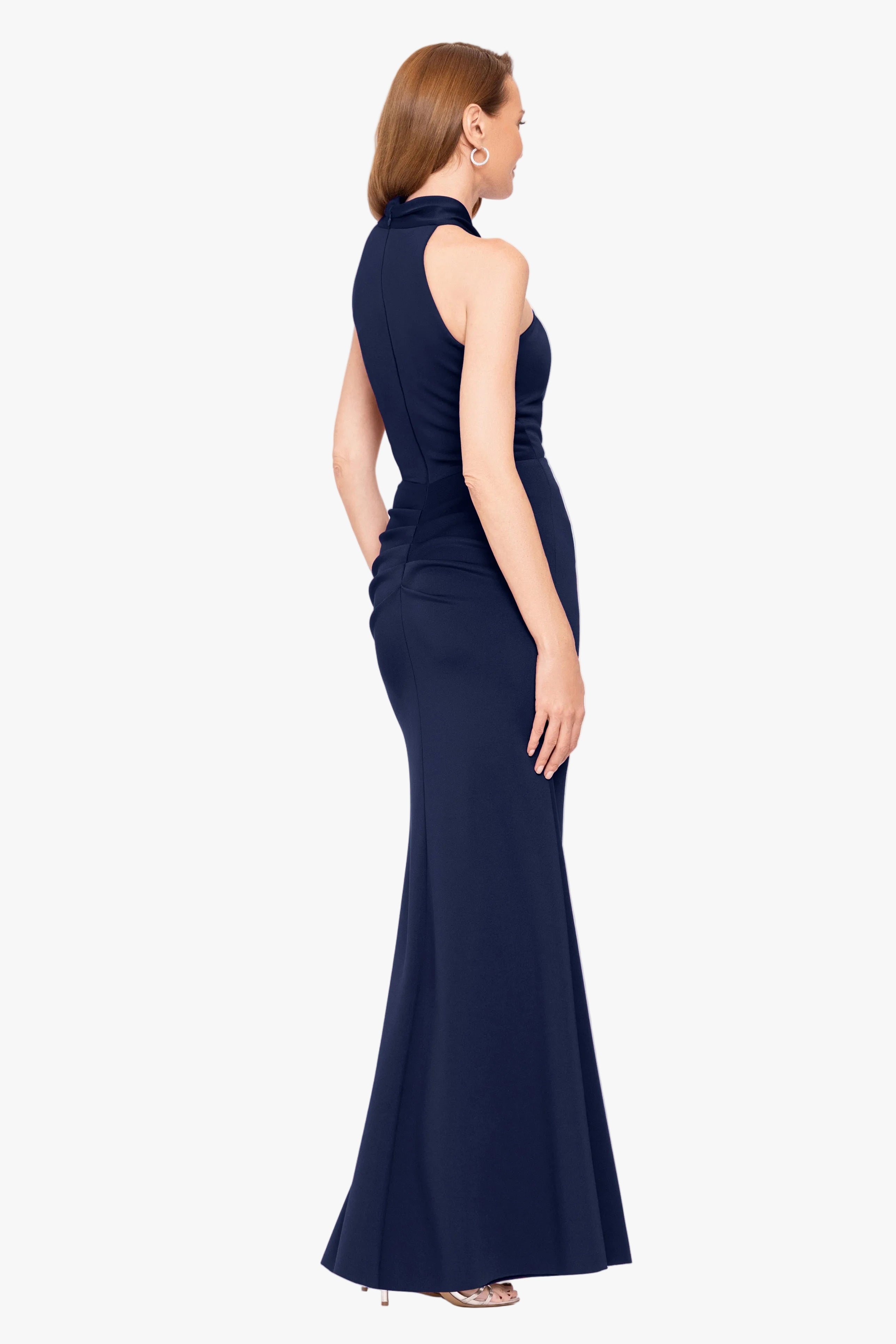 Petite "Hazel" Scuba Crepe Knotted Neck Side Ruffle Dress