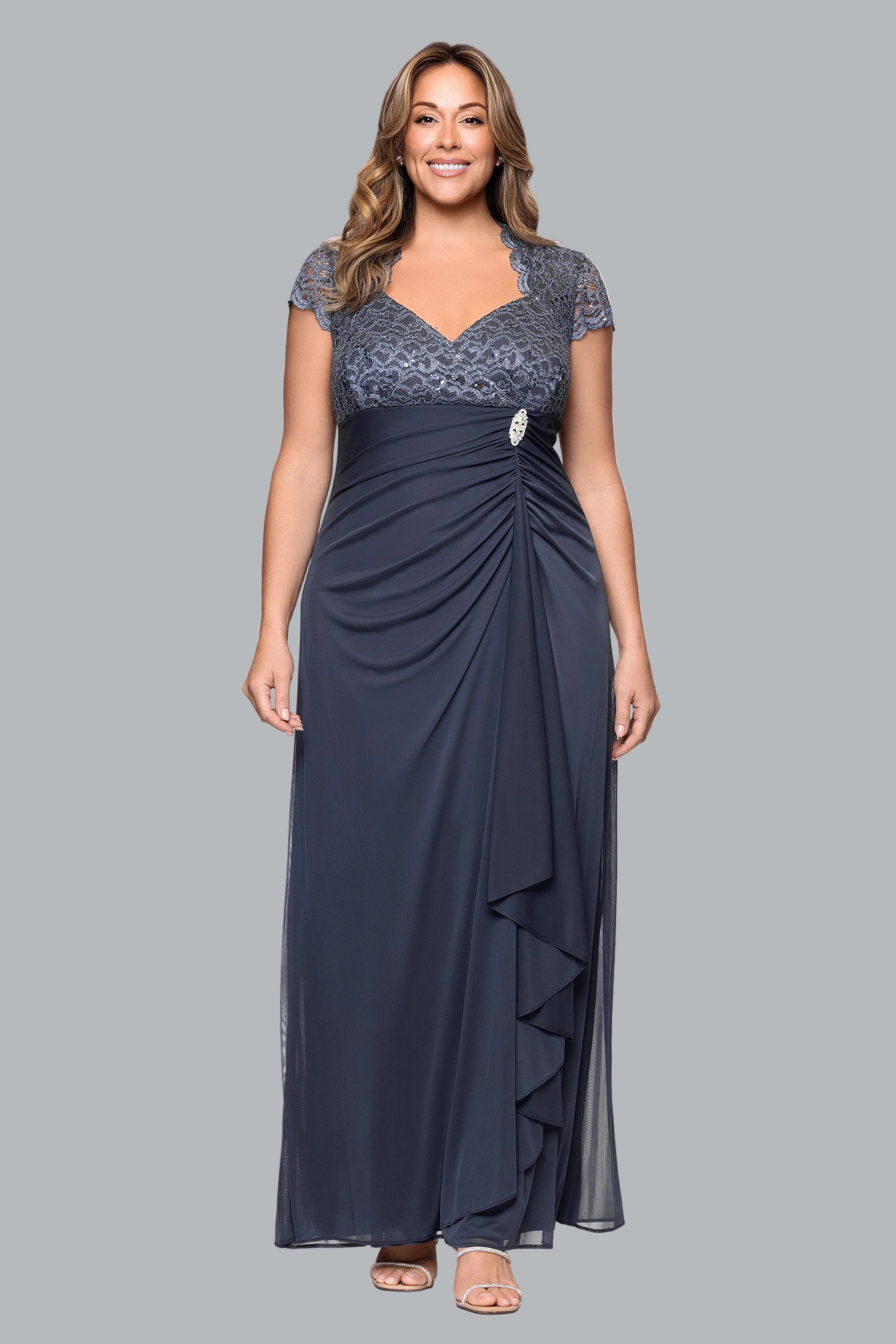 Plus "Kim" Sheer Matte Jersey Lace Cap Sleeve Dress