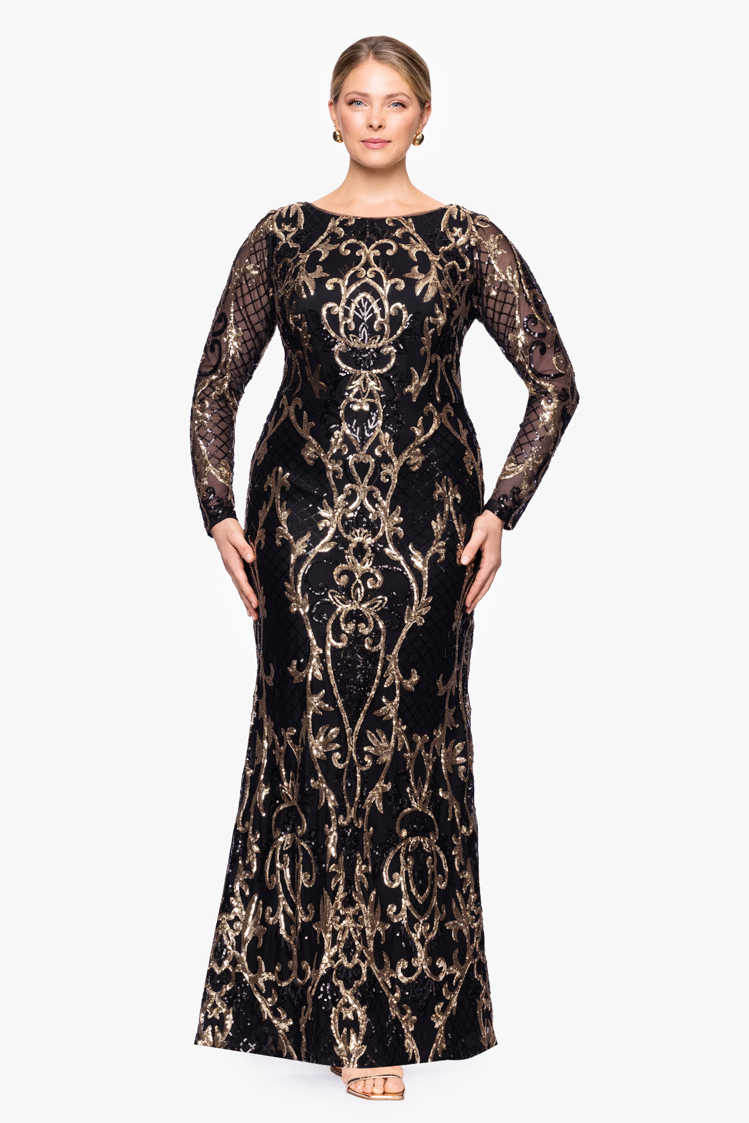 Plus "Nara" Long Sleeve Sequin Placement Gown