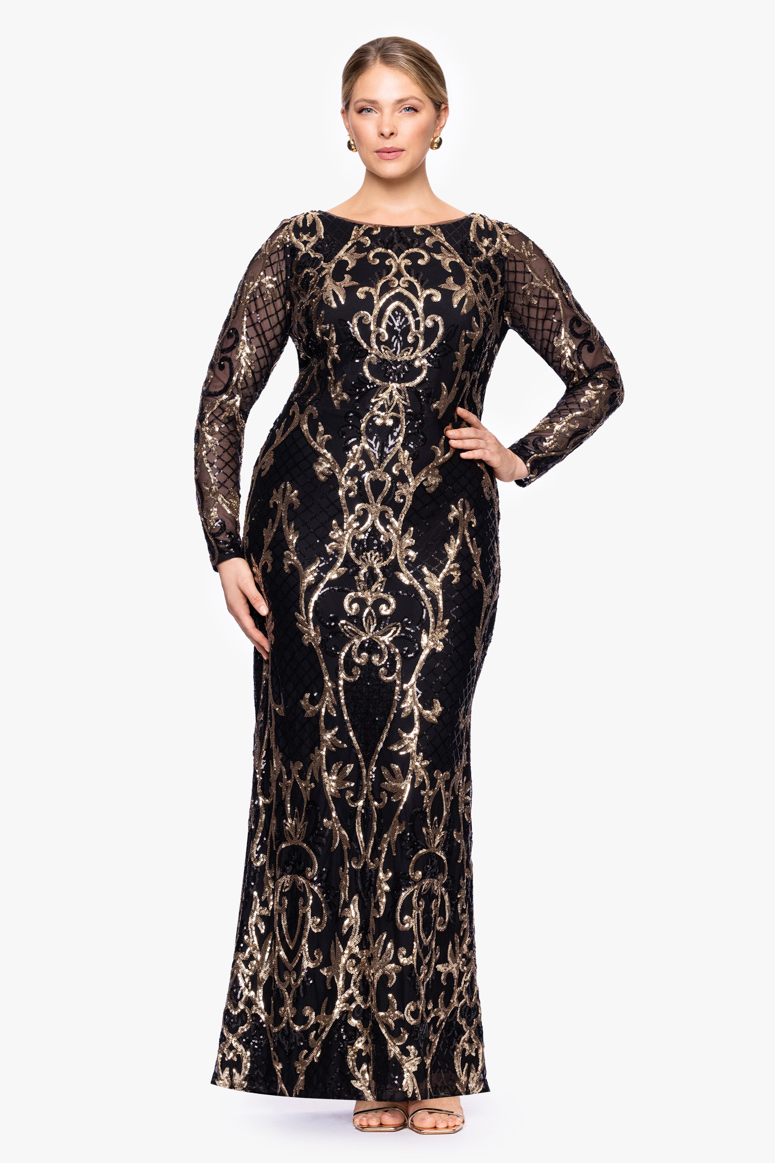Plus "Nara" Long Sleeve Sequin Placement Gown