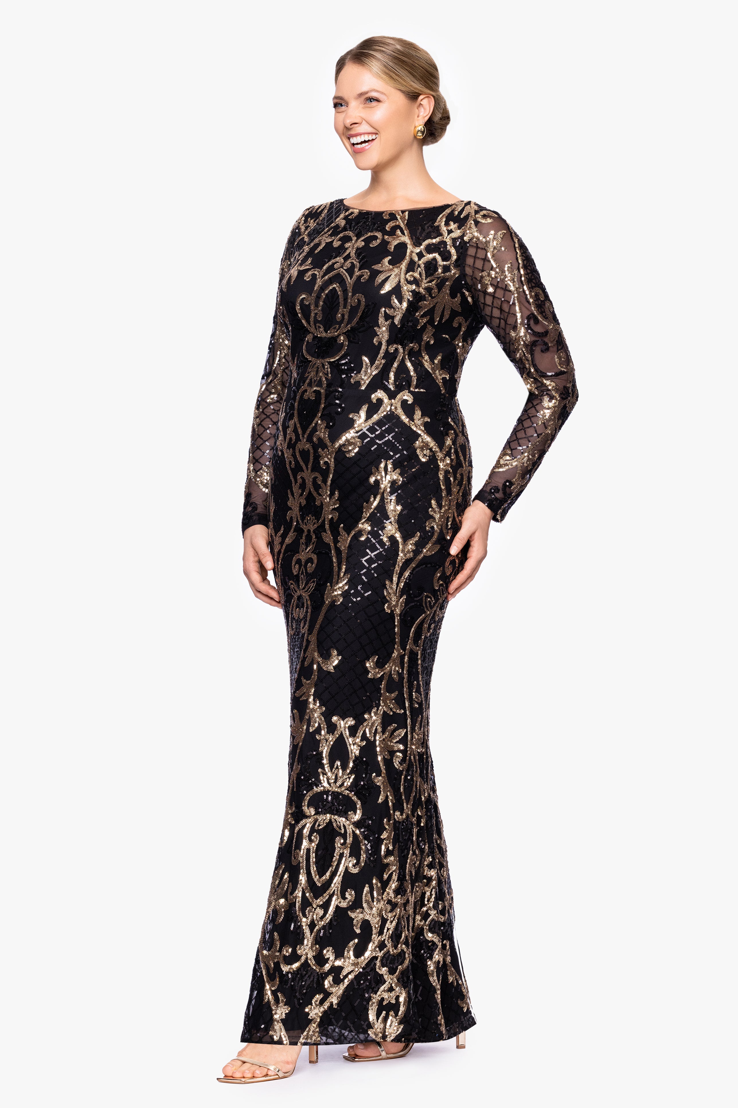 Plus "Nara" Long Sleeve Sequin Placement Gown