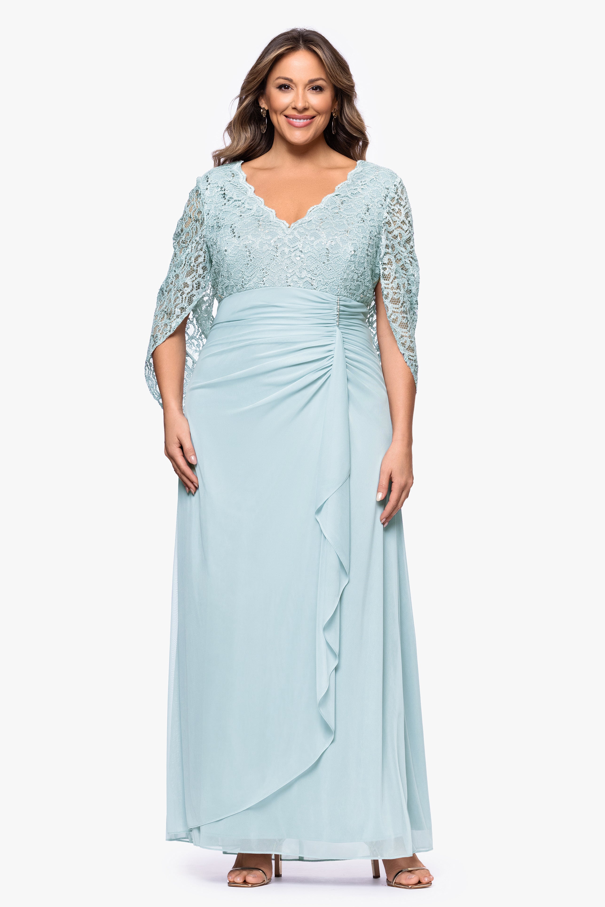 Plus "Parker" Sheer Jersey and Lace Cape Sleeve Floor Length Dress