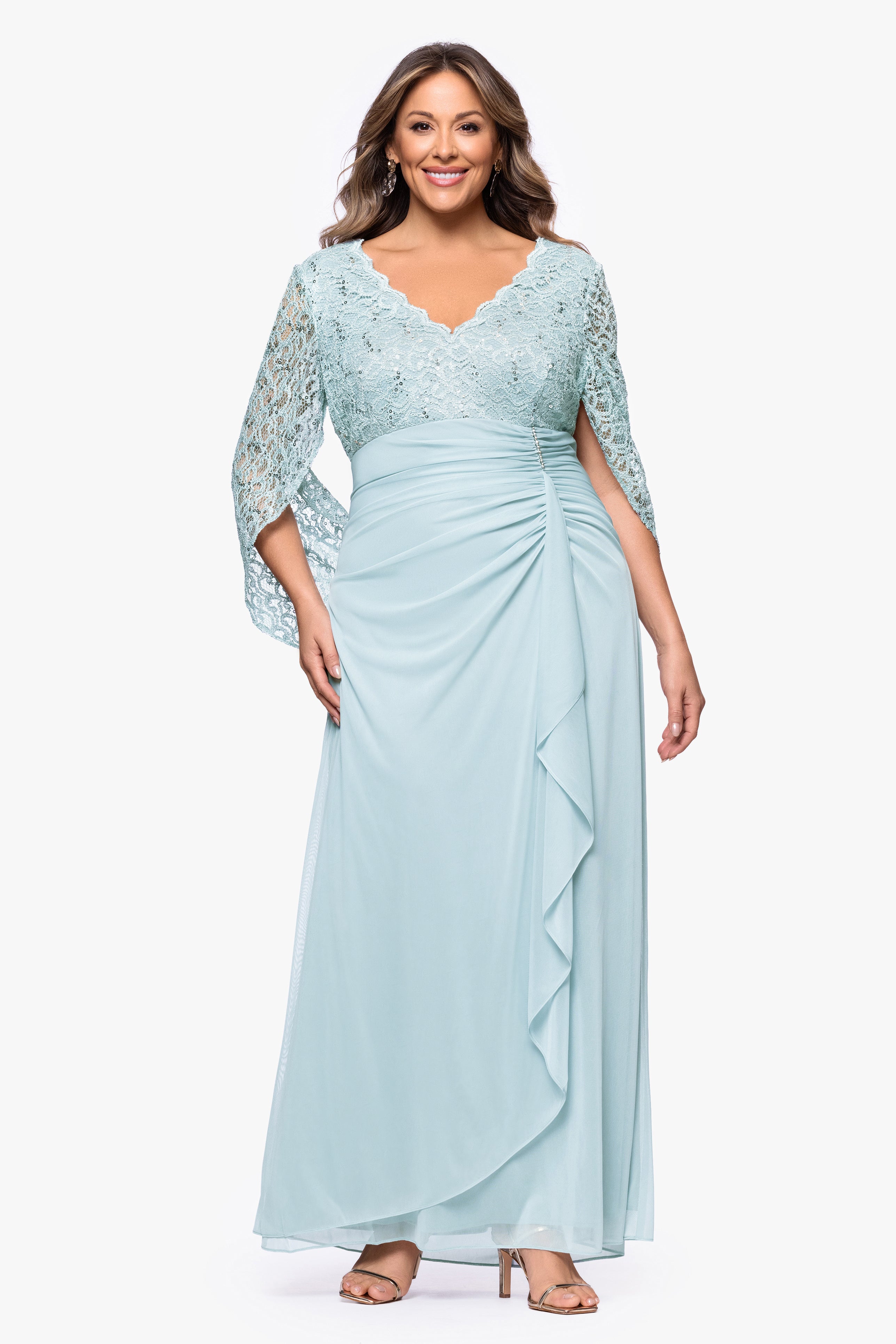 Plus "Parker" Sheer Jersey and Lace Cape Sleeve Floor Length Dress