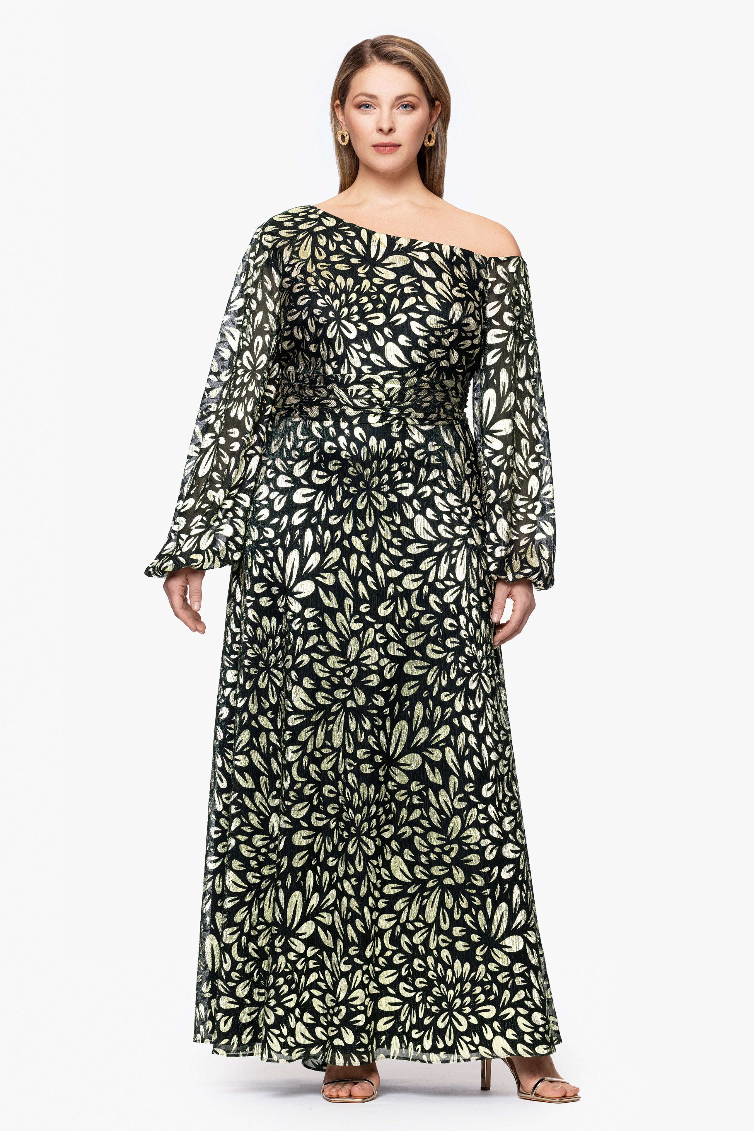 Plus "Malia" Metallic Off the Shoulder Long Sleeve Floor Length Dress