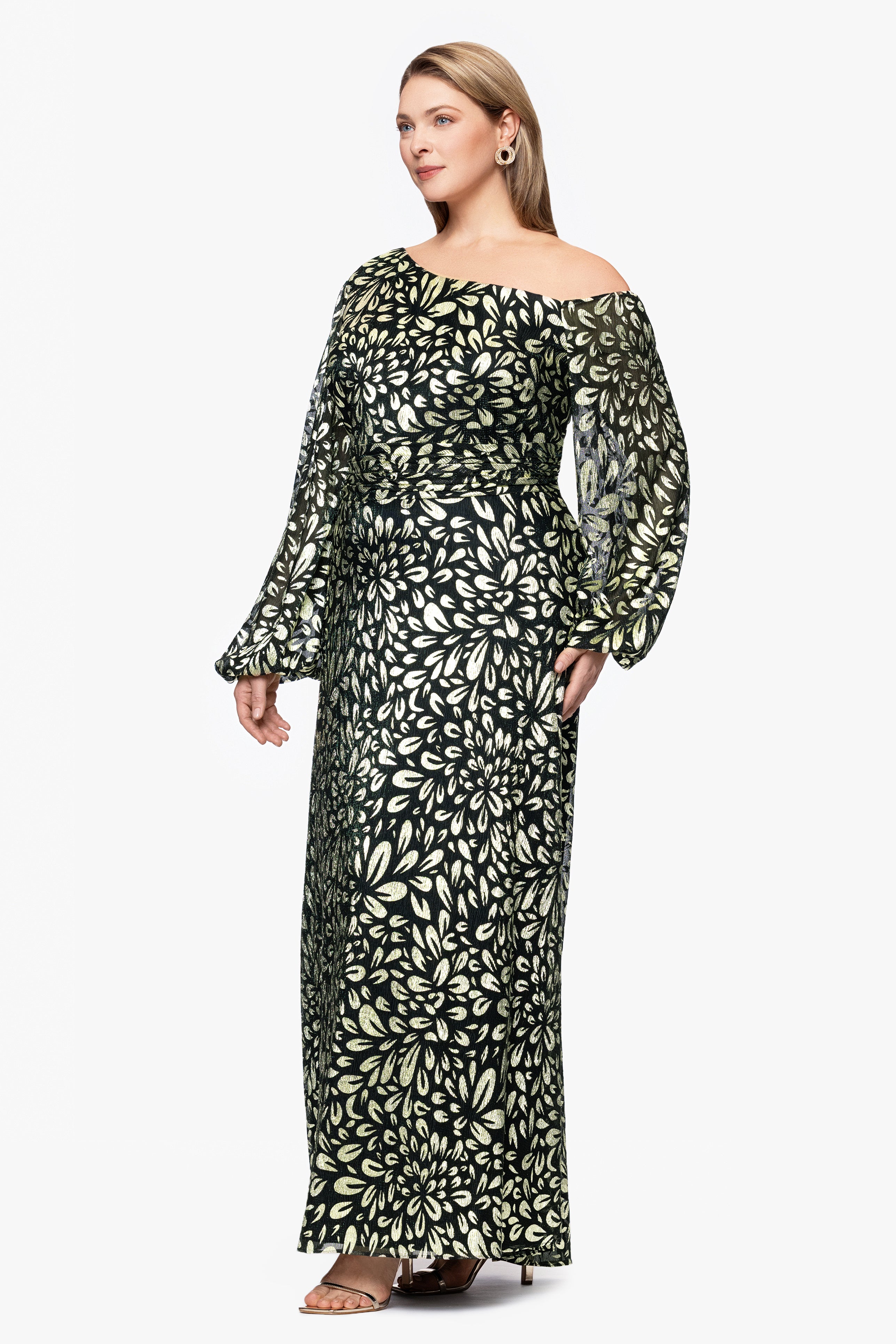 Plus "Malia" Metallic Off the Shoulder Long Sleeve Floor Length Dress