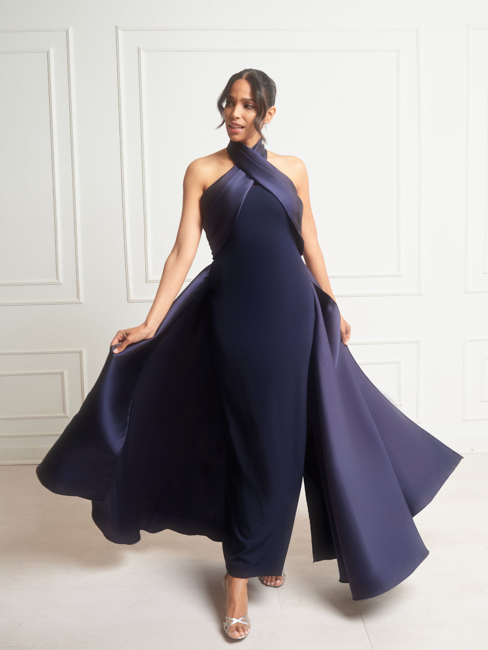 "Dina" Scuba Crepe Twist Halter Neck Floor Length Gown