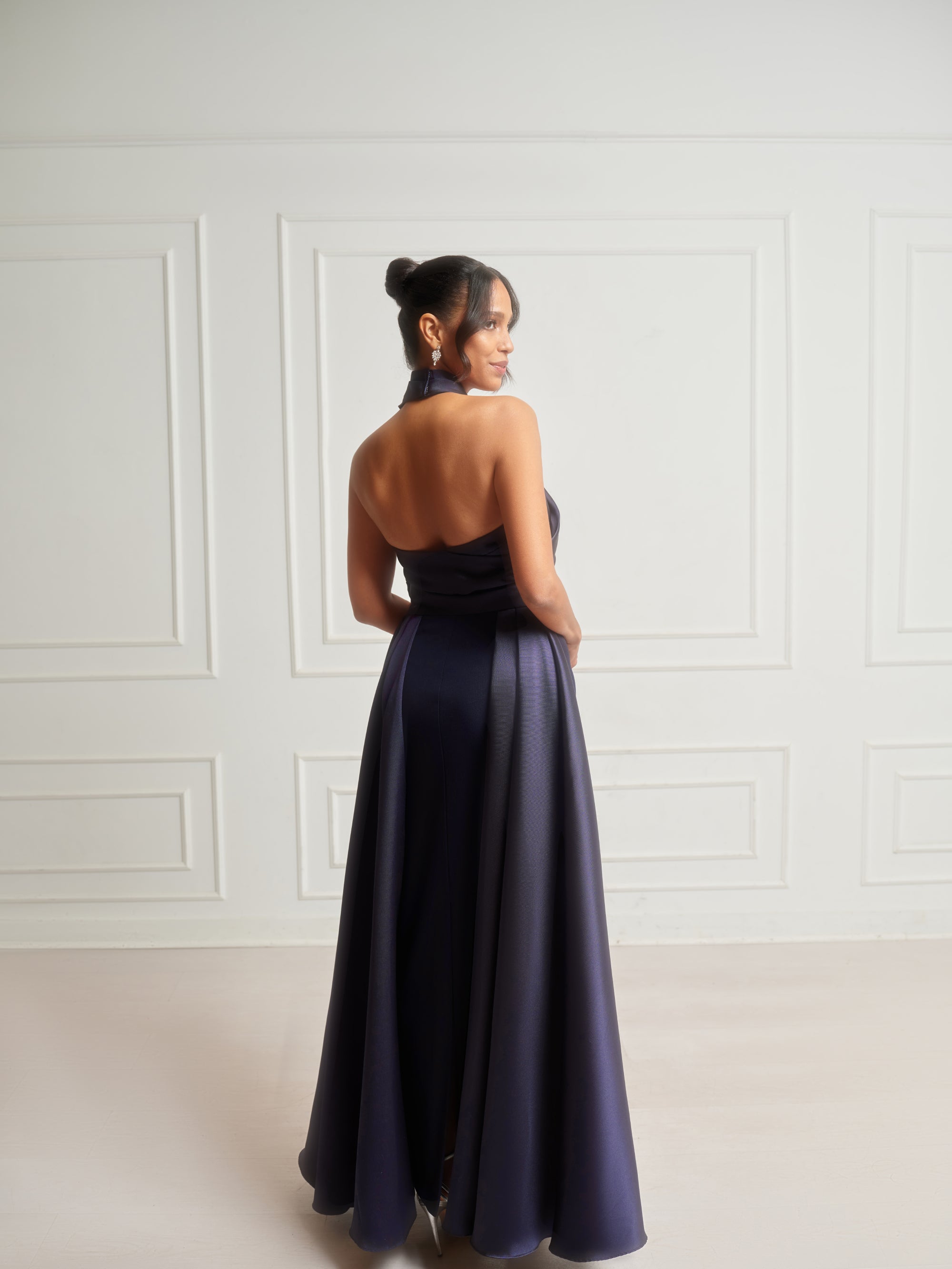 "Dina" Scuba Crepe Twist Halter Neck Floor Length Gown