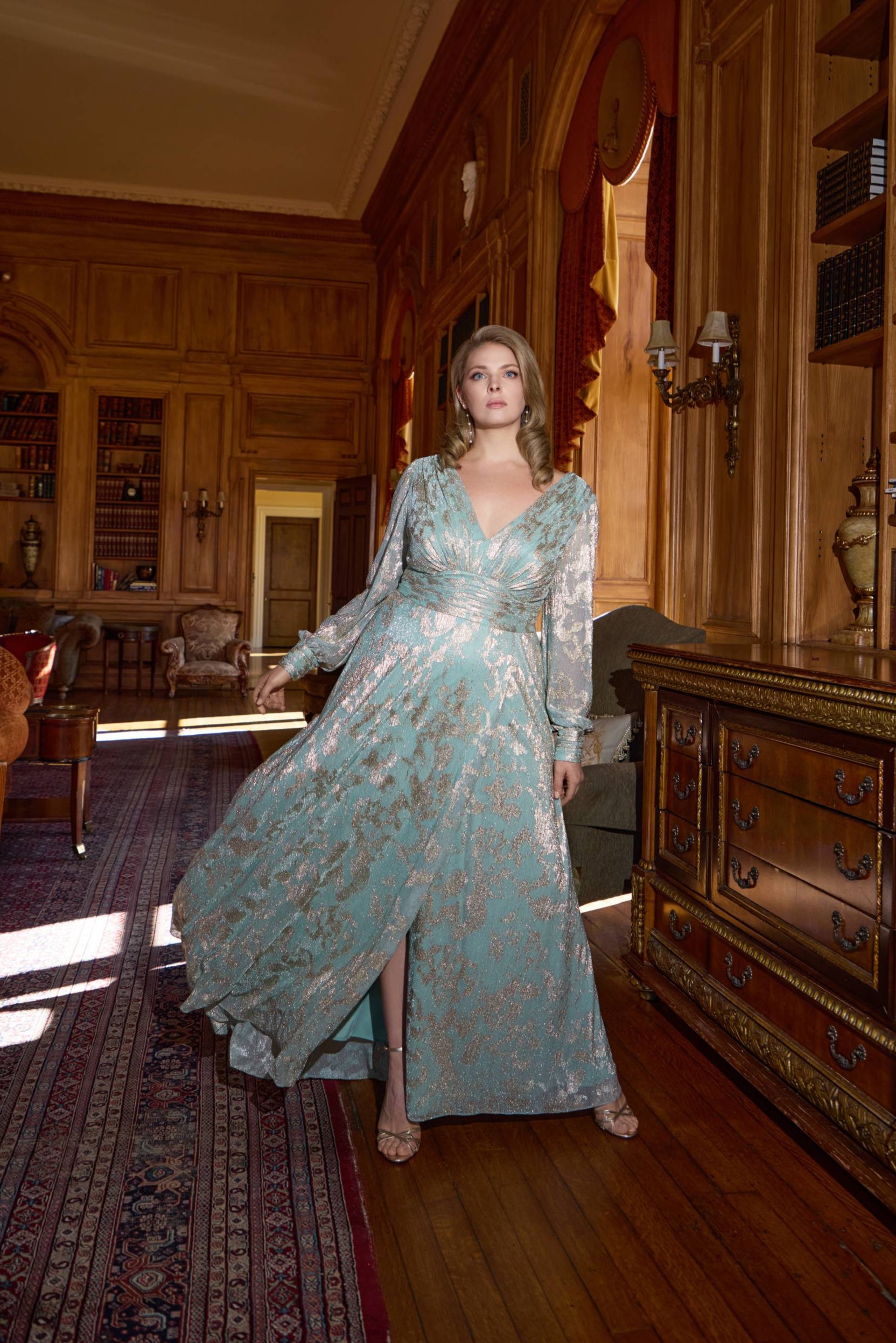 Plus "Melanie" Foil Knit V-Neck Long Sleeve Floor Length Dress