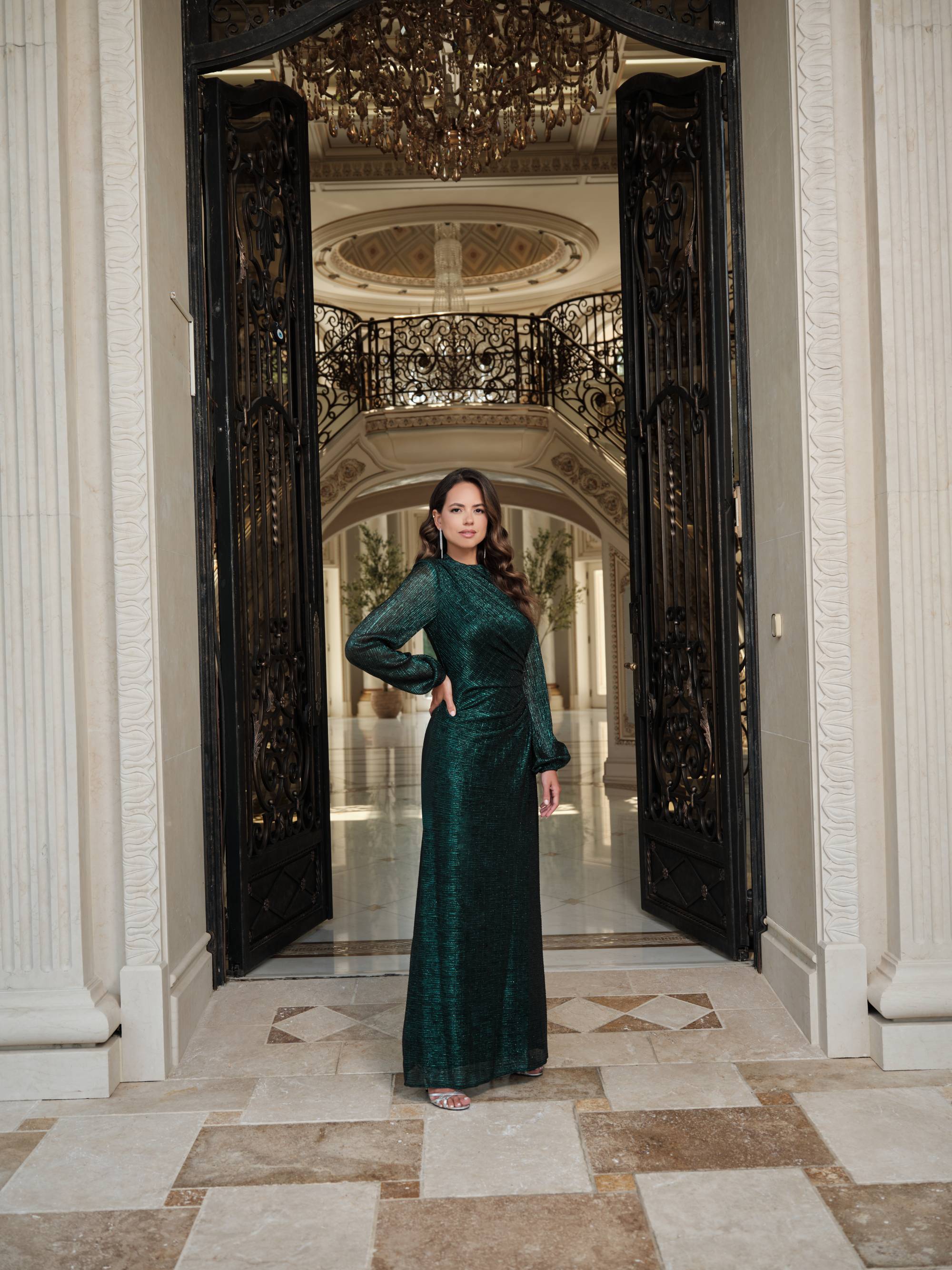 Petite "Jayline" Crinkle Metallic Long Sleeve Floor Length Dress