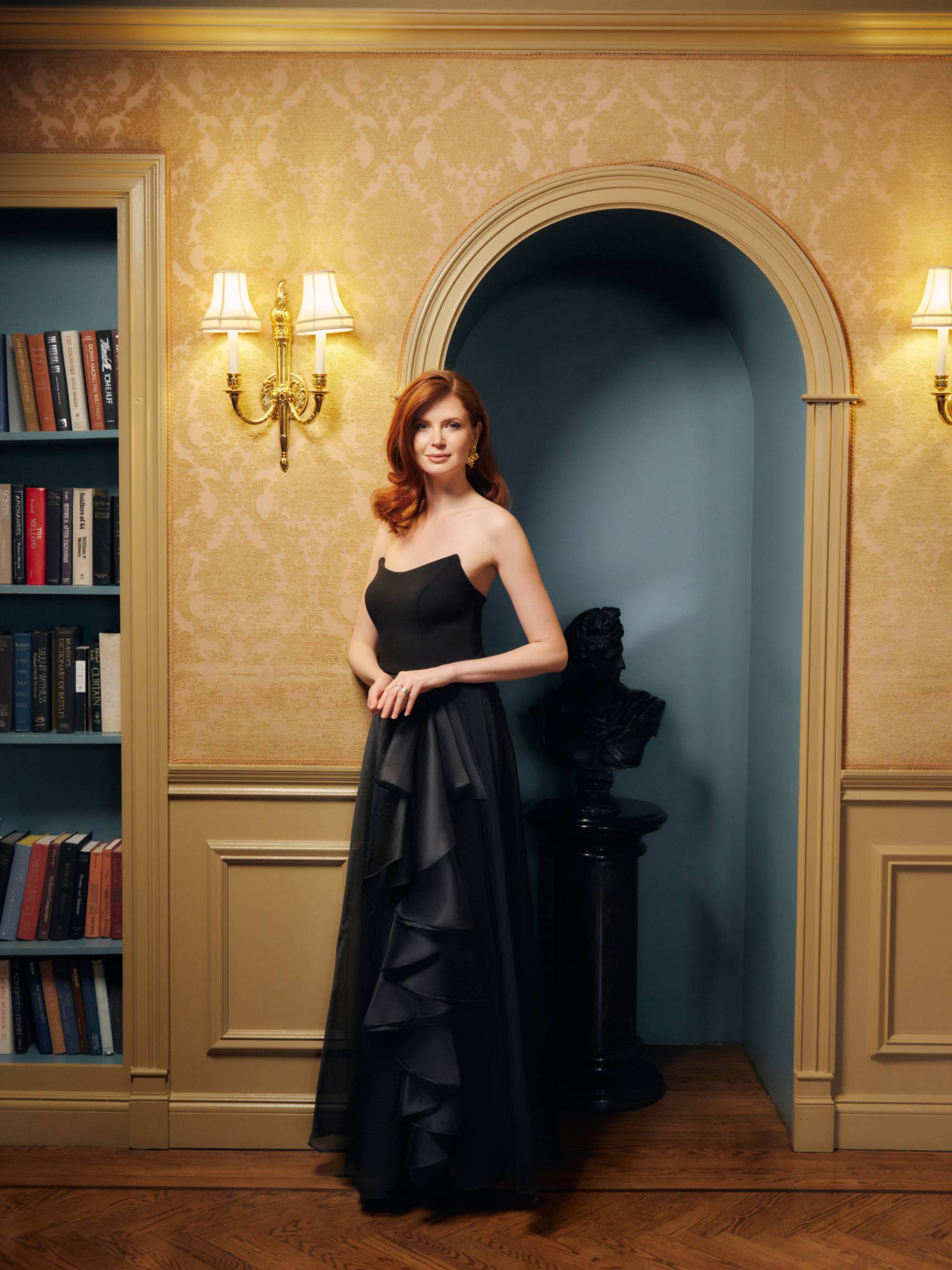 Petite "Josephine" Scuba Crepe and Organza Floor Ruffle Floor Length Dress