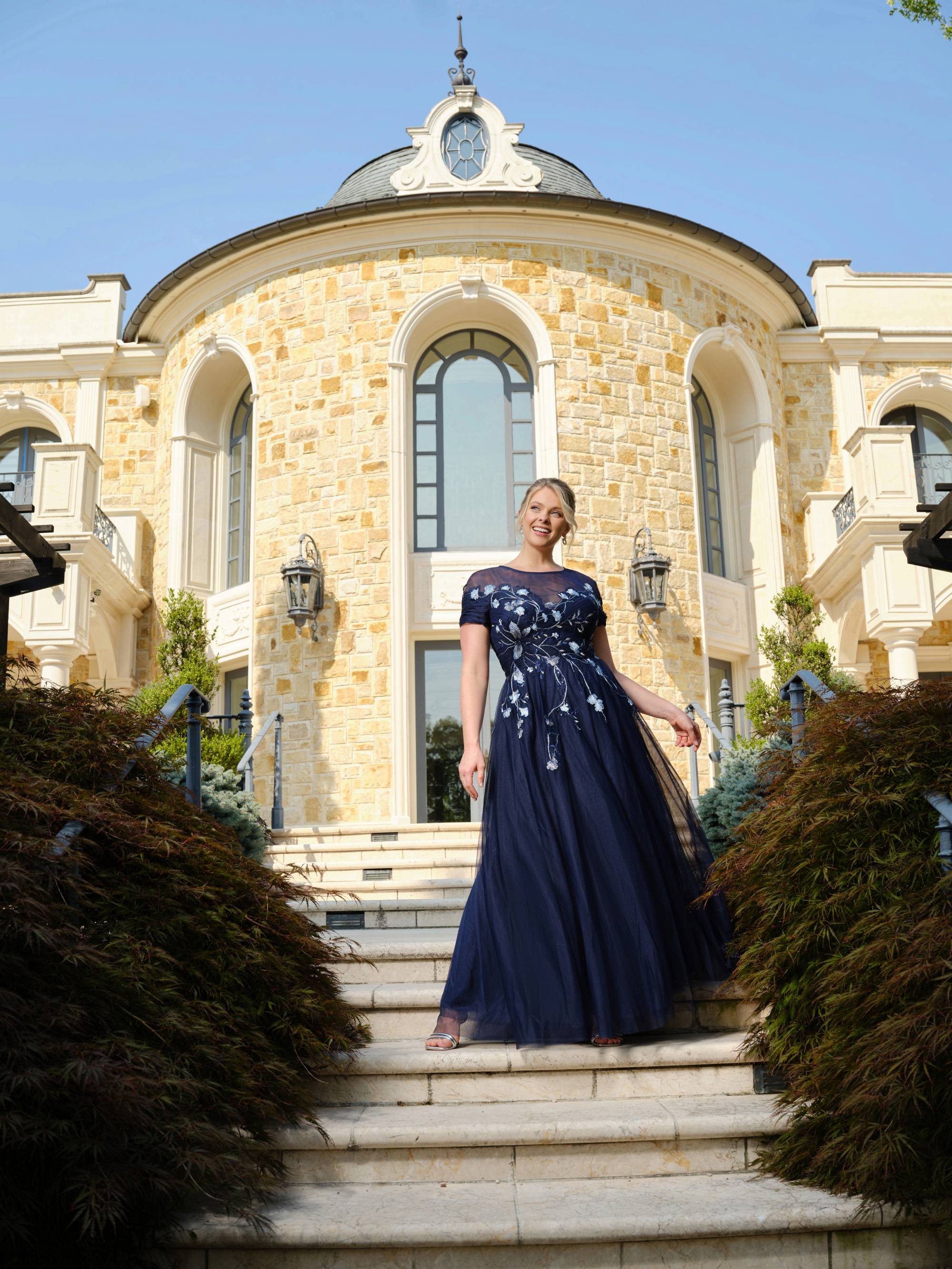 "Aubrey" Mesh Sequin Embellished Short Sleeve Floor Length Dress