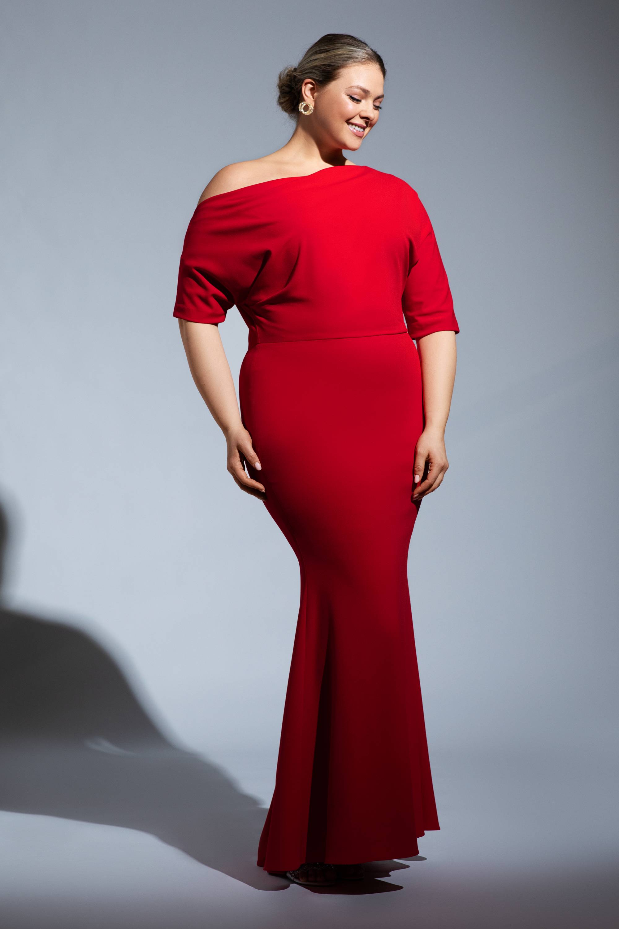 Plus "Madeline" Long Scuba Crepe Off the Shoulder Drop Dress