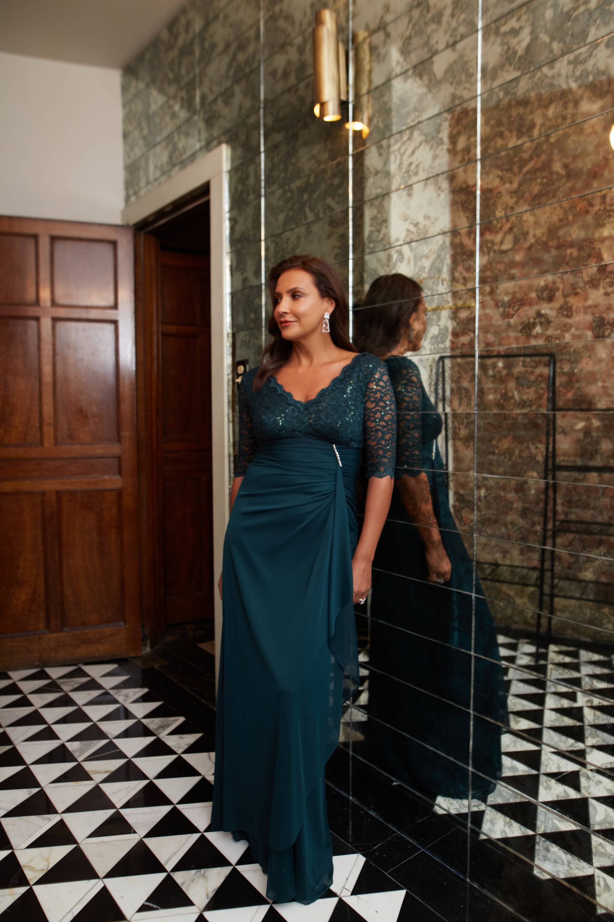 "Johanna" 3/4 Sleeve Sheer Matte Jersey Long Dress