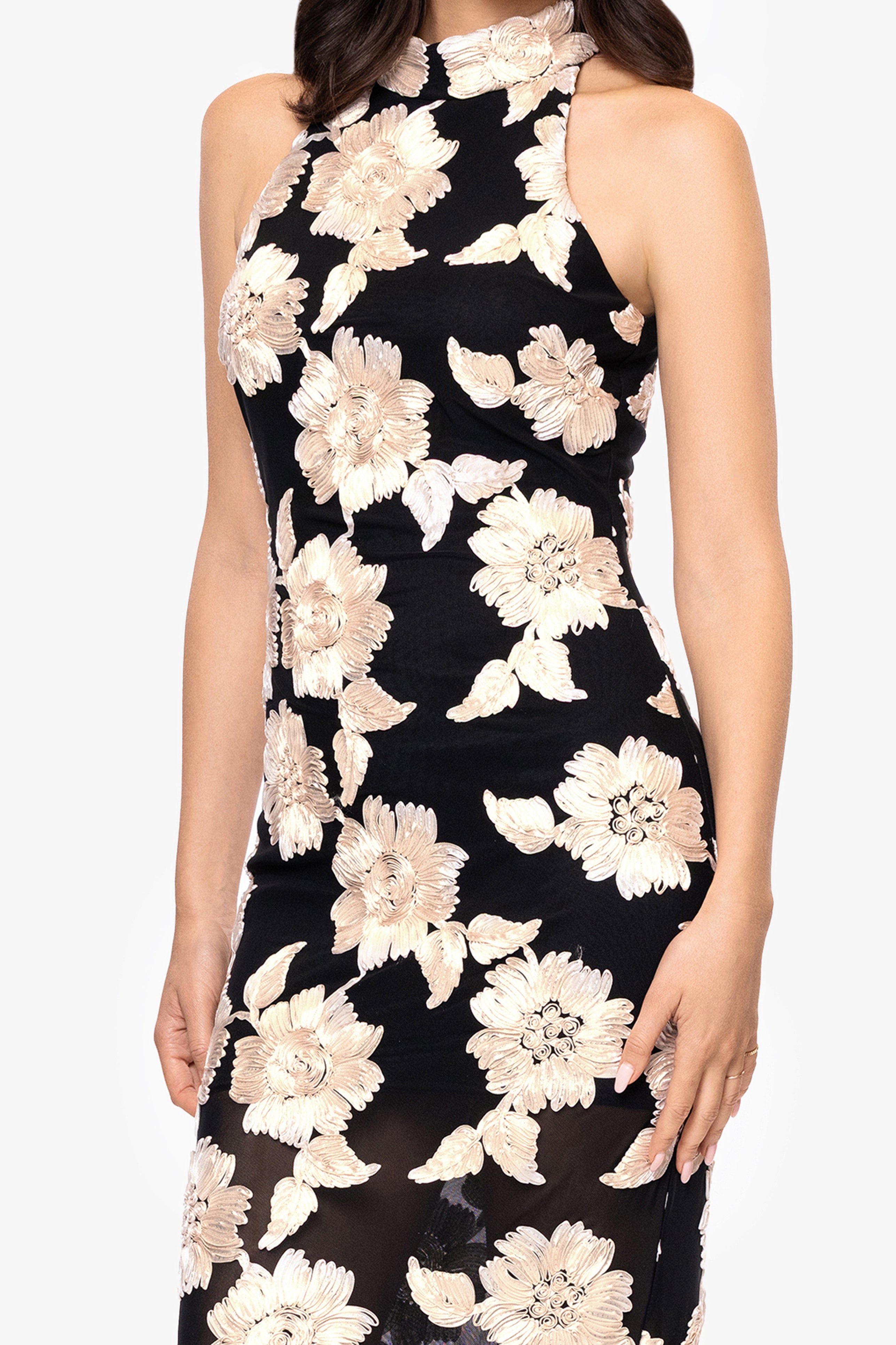 Betsy & Adam "Camielle" 3D Flower Embellished Mock Neck Floor Length Dress