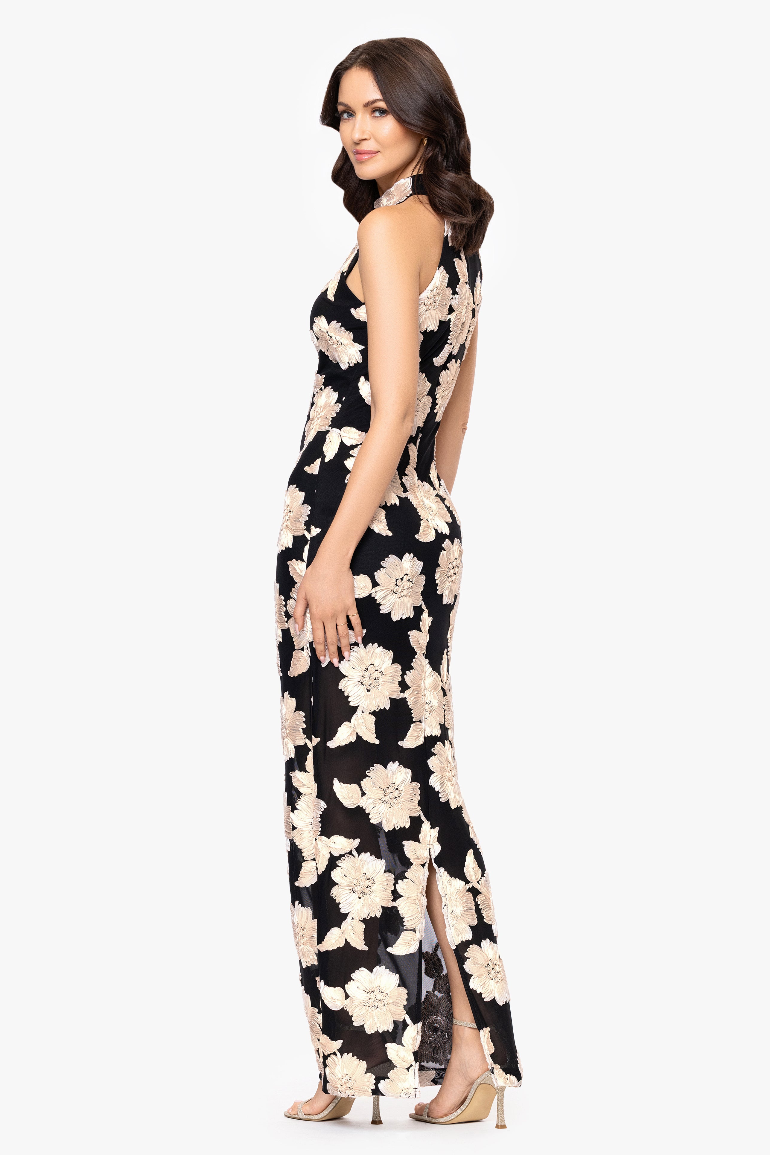 Betsy & Adam "Camielle" 3D Flower Embellished Mock Neck Floor Length Dress