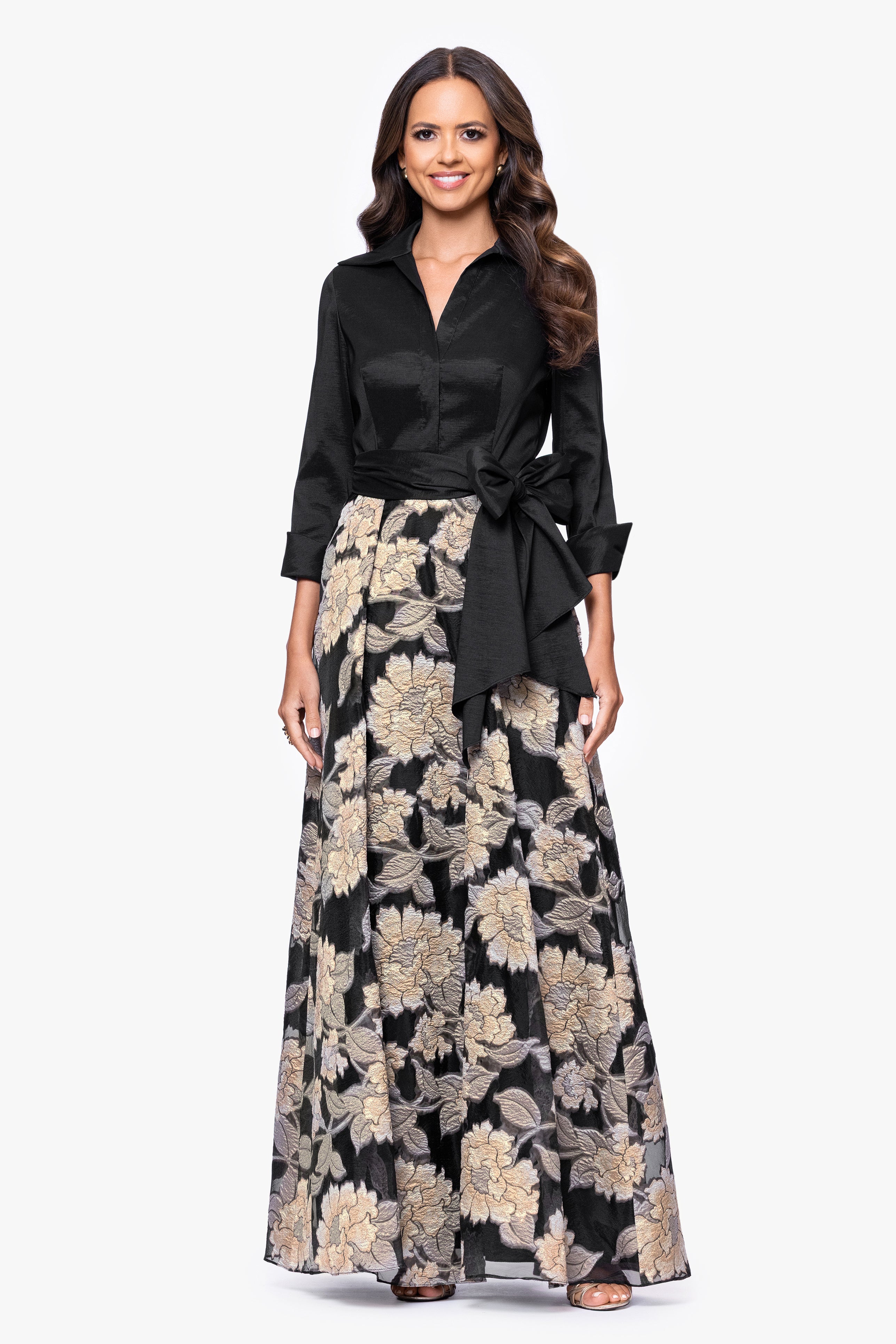 Betsy & Adam "Constance" Taffeta and Brocade 3/4 Sleeve Floor Length Dress