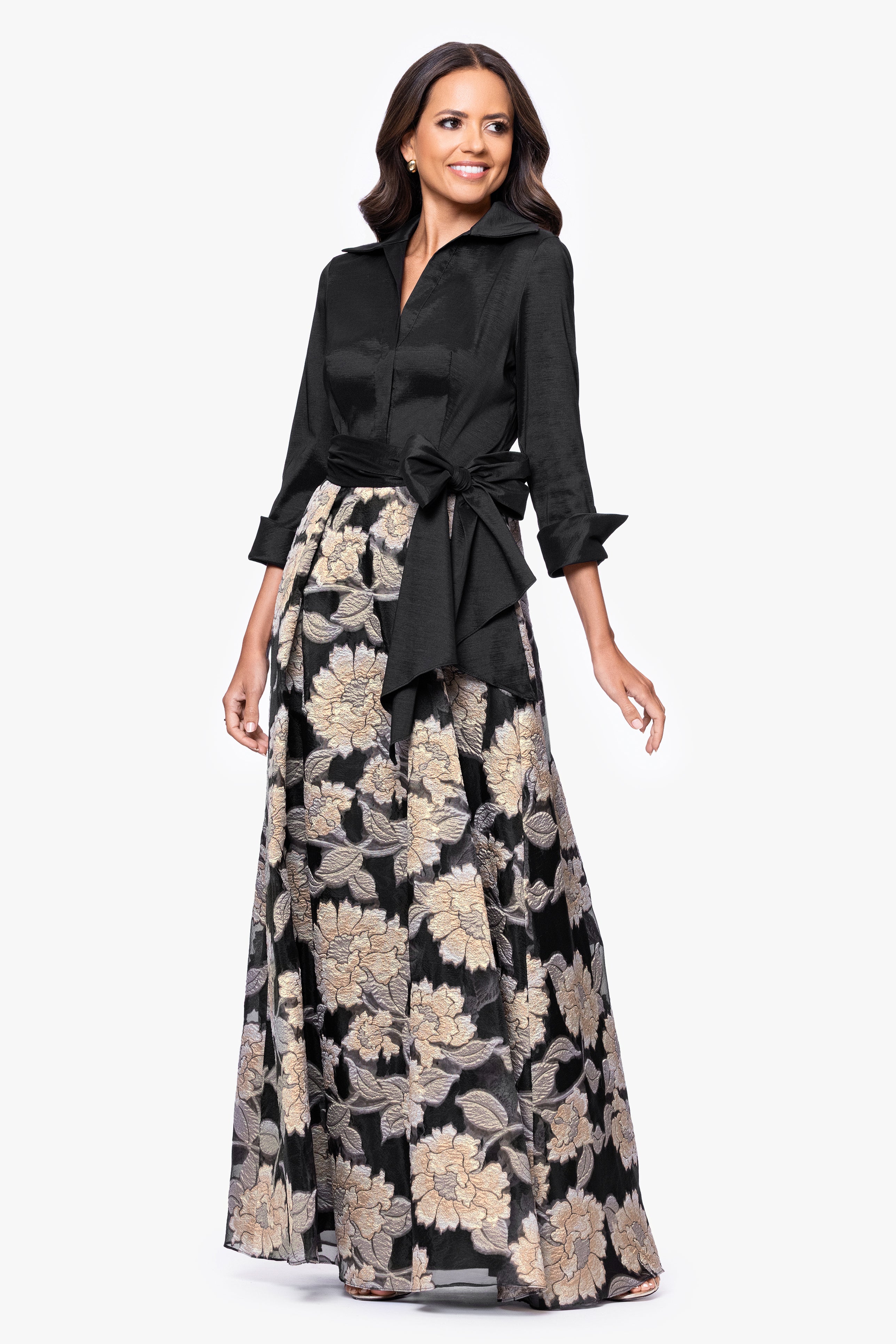 Betsy & Adam "Constance" Taffeta and Brocade 3/4 Sleeve Floor Length Dress