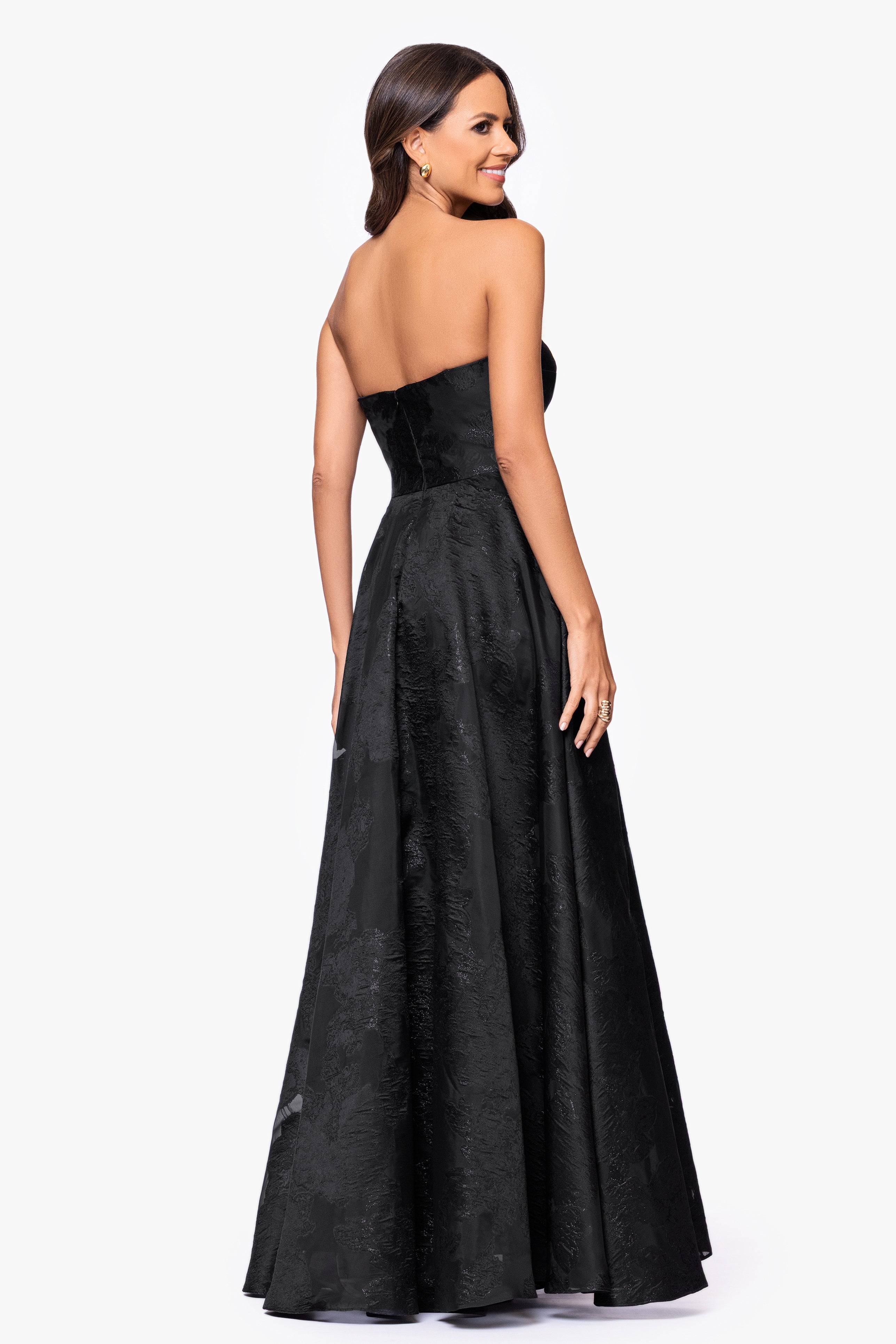 Betsy & Adam "Ellie" Organza Brocade Strapless Floor Length Gown