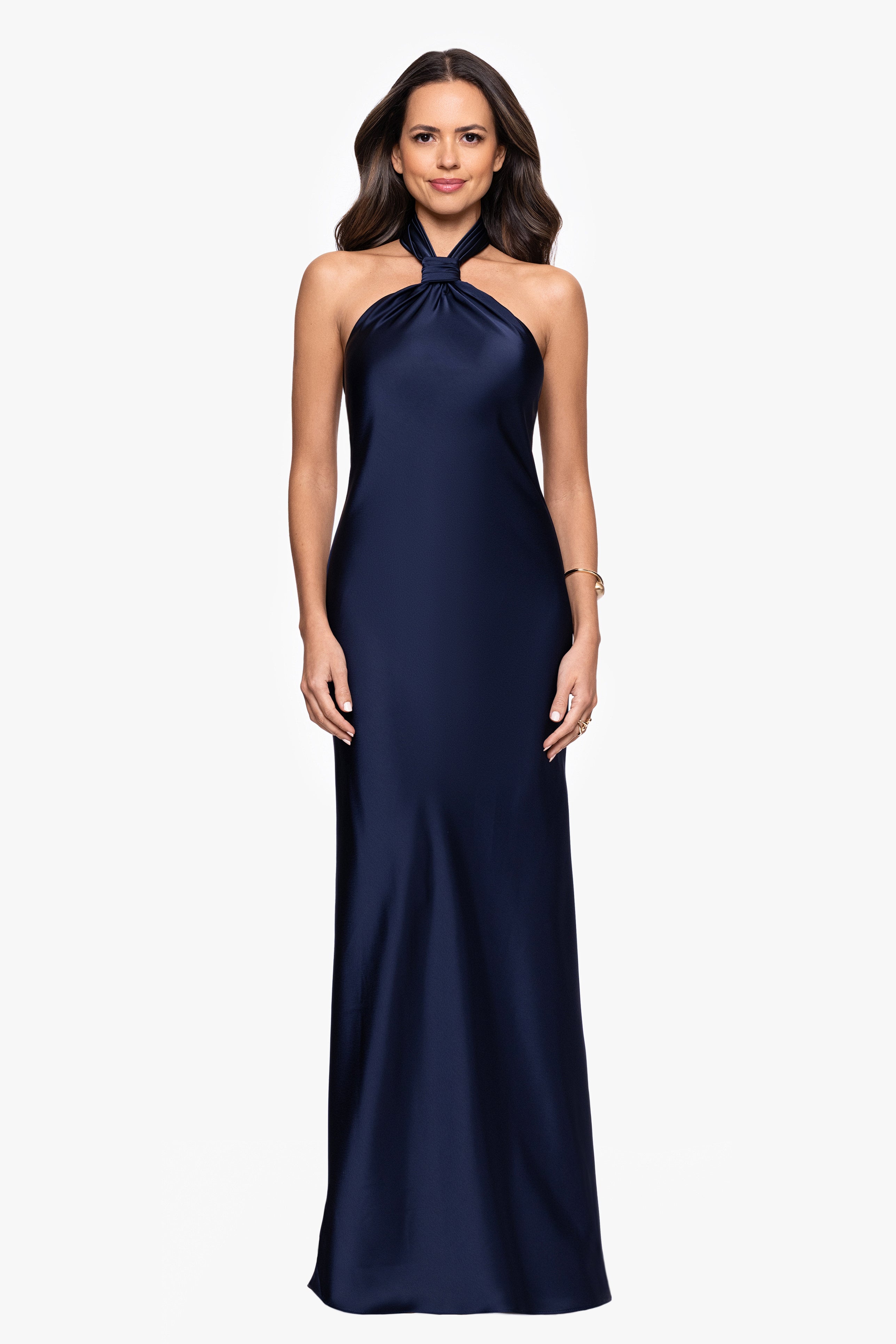 Betsy & Adam "Esmerelda" Satin Double Knotted Halter Neck Floor Length Dress