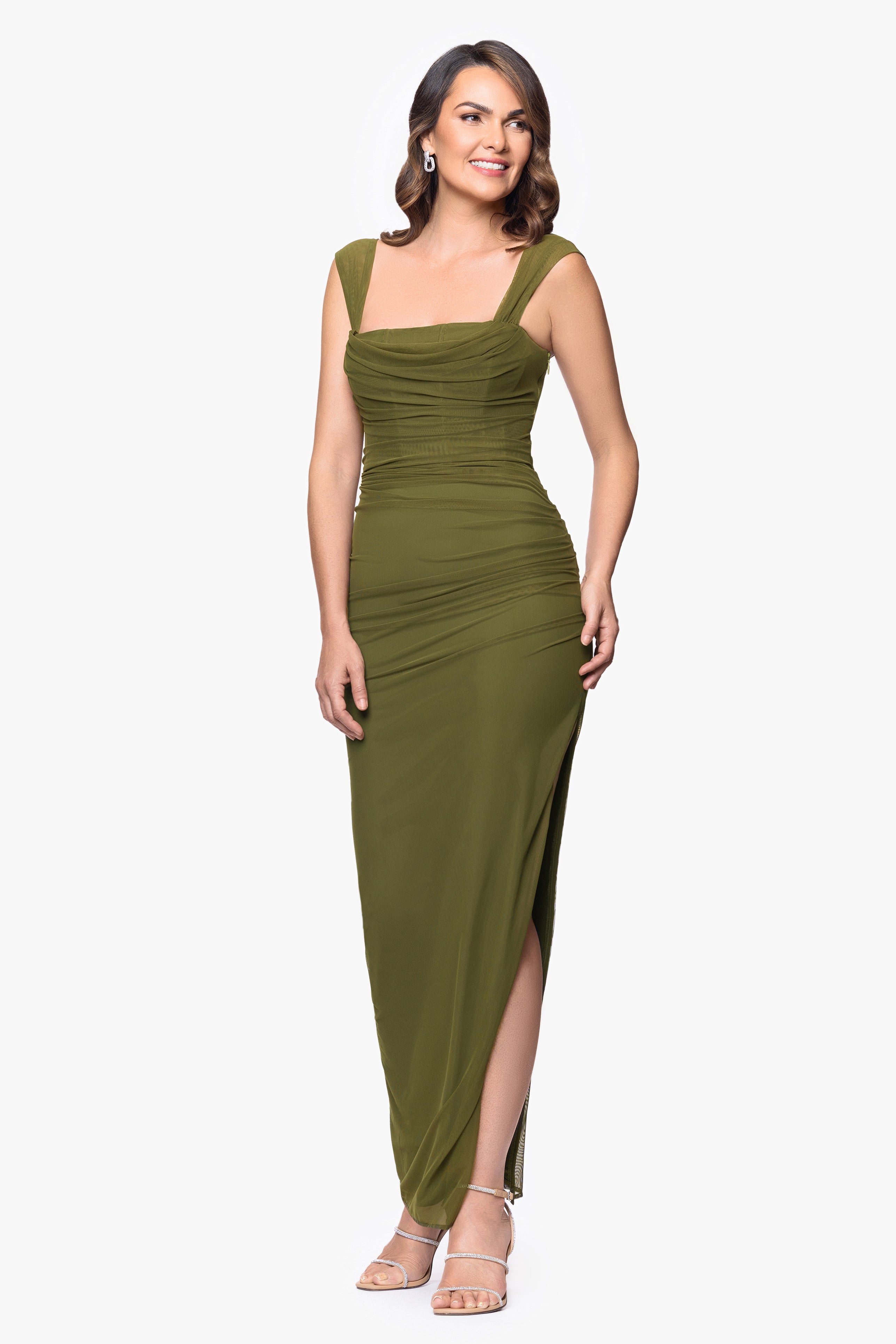 Betsy & Adam "Janice" Mesh Square Neck Floor Length Dress