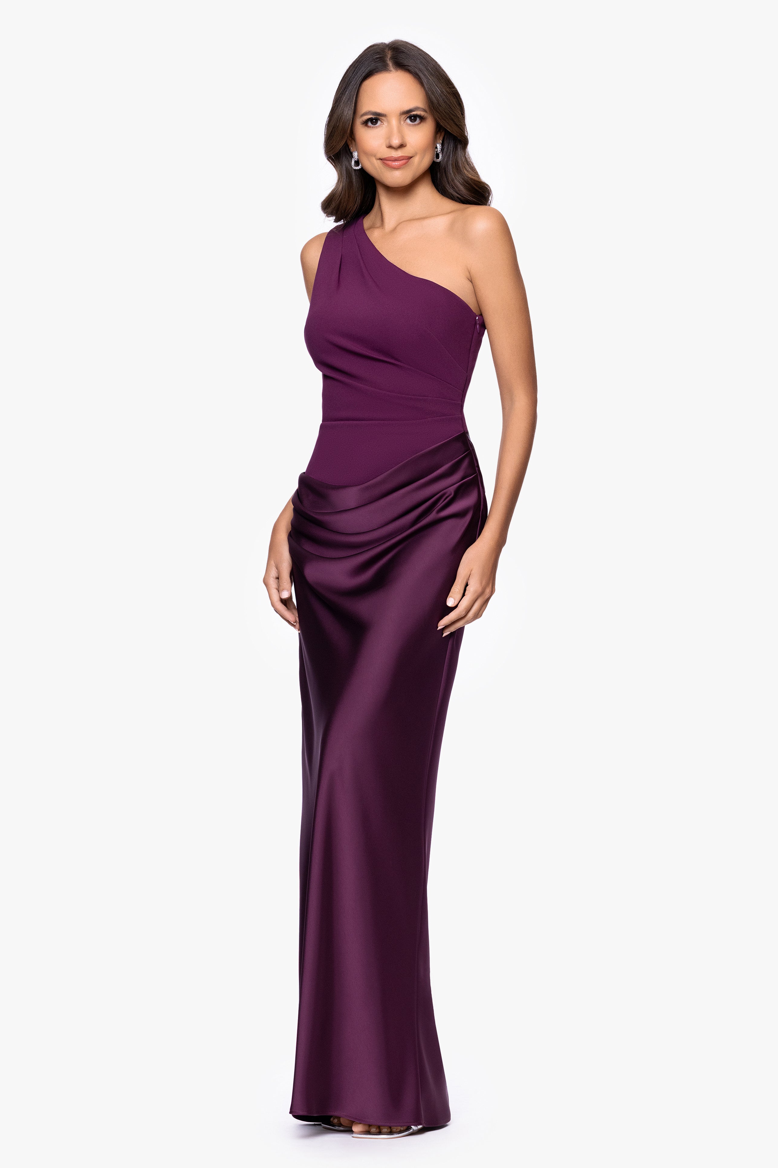 Betsy & Adam "Josie" Scuba Crepe and Satin One Shoulder Floor Length Dress