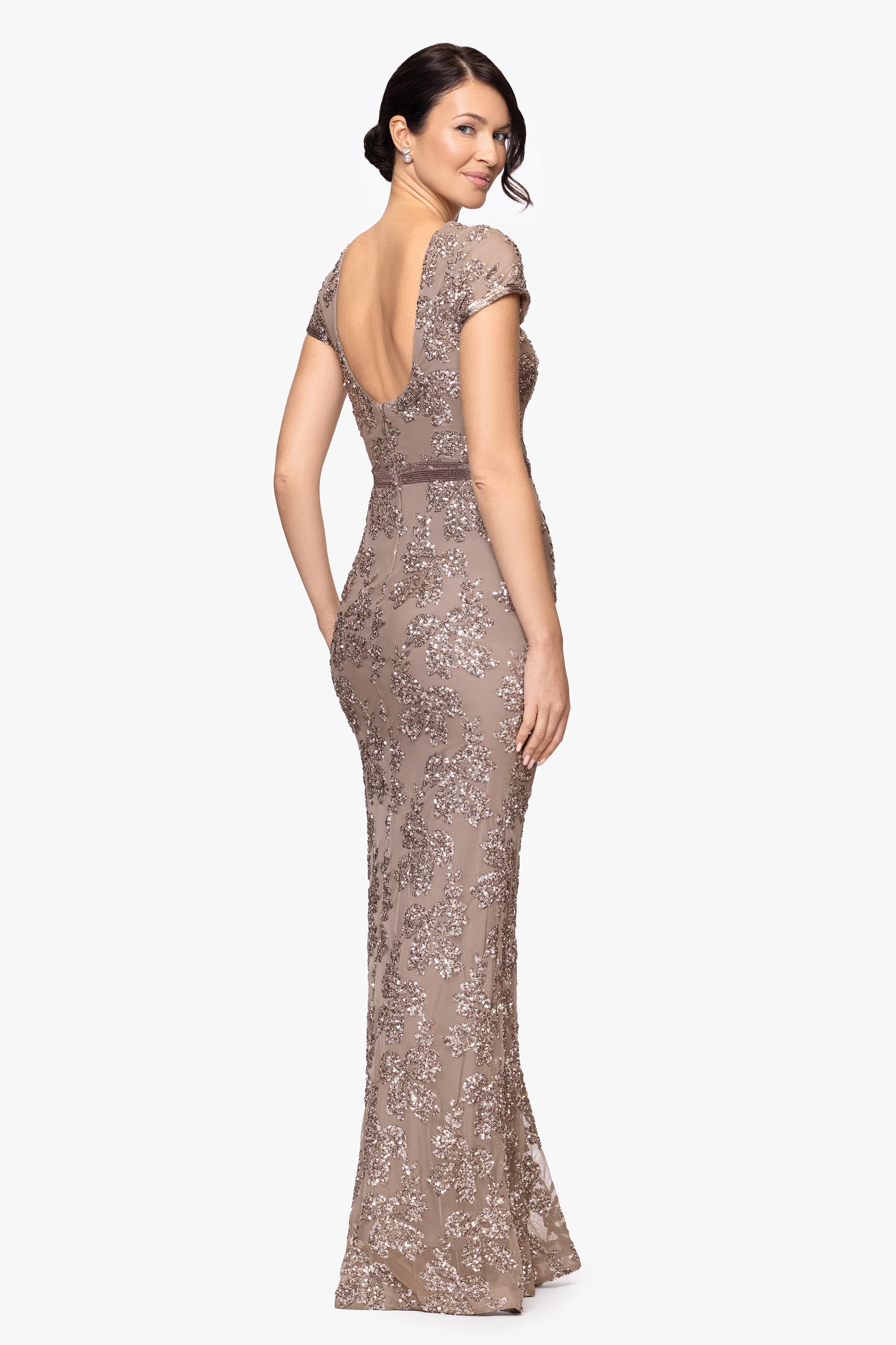 Betsy & Adam "Keisha" Sequin Embellished Short Sleeve Floor Length Dress