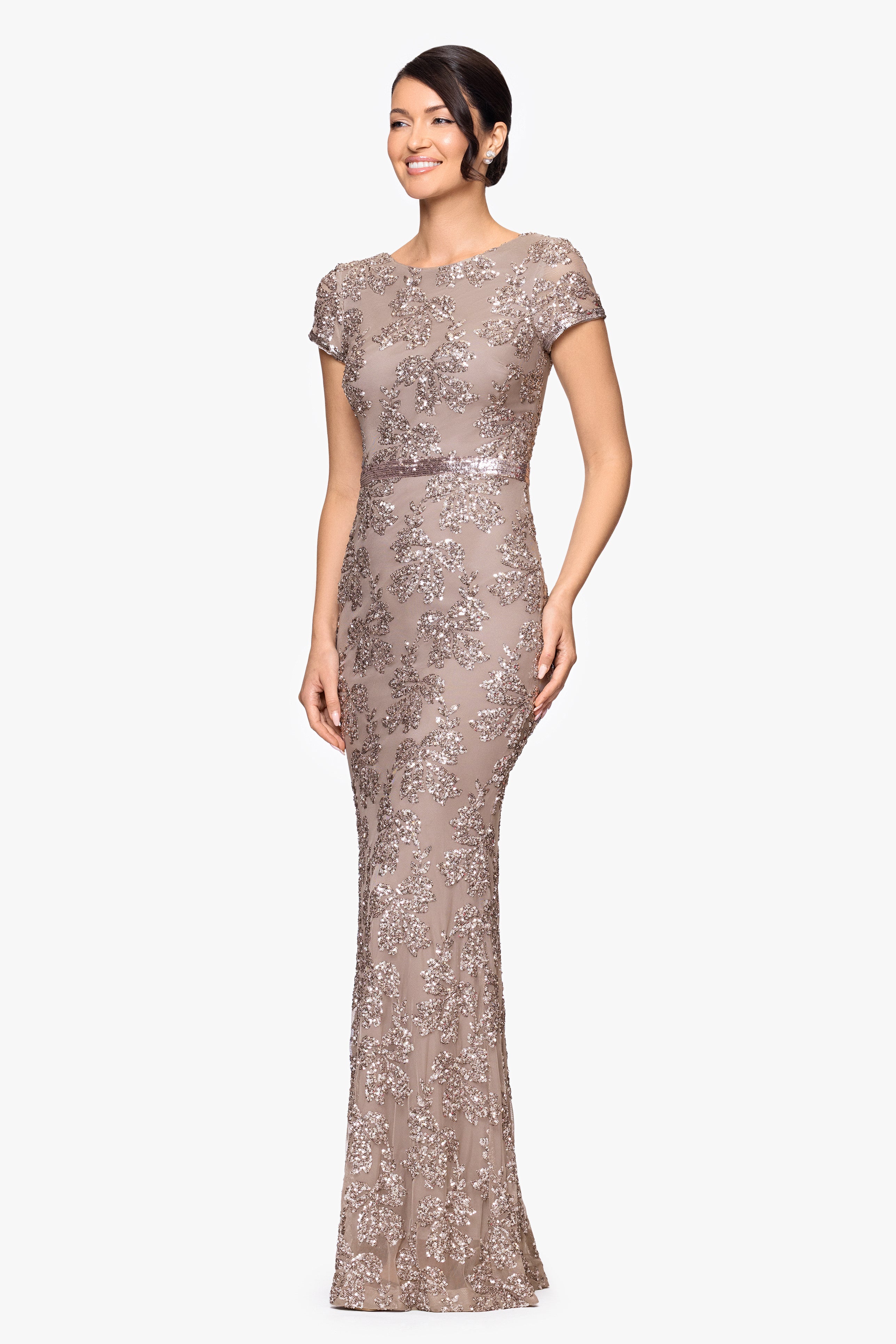 Betsy & Adam "Keisha" Sequin Embellished Short Sleeve Floor Length Dress