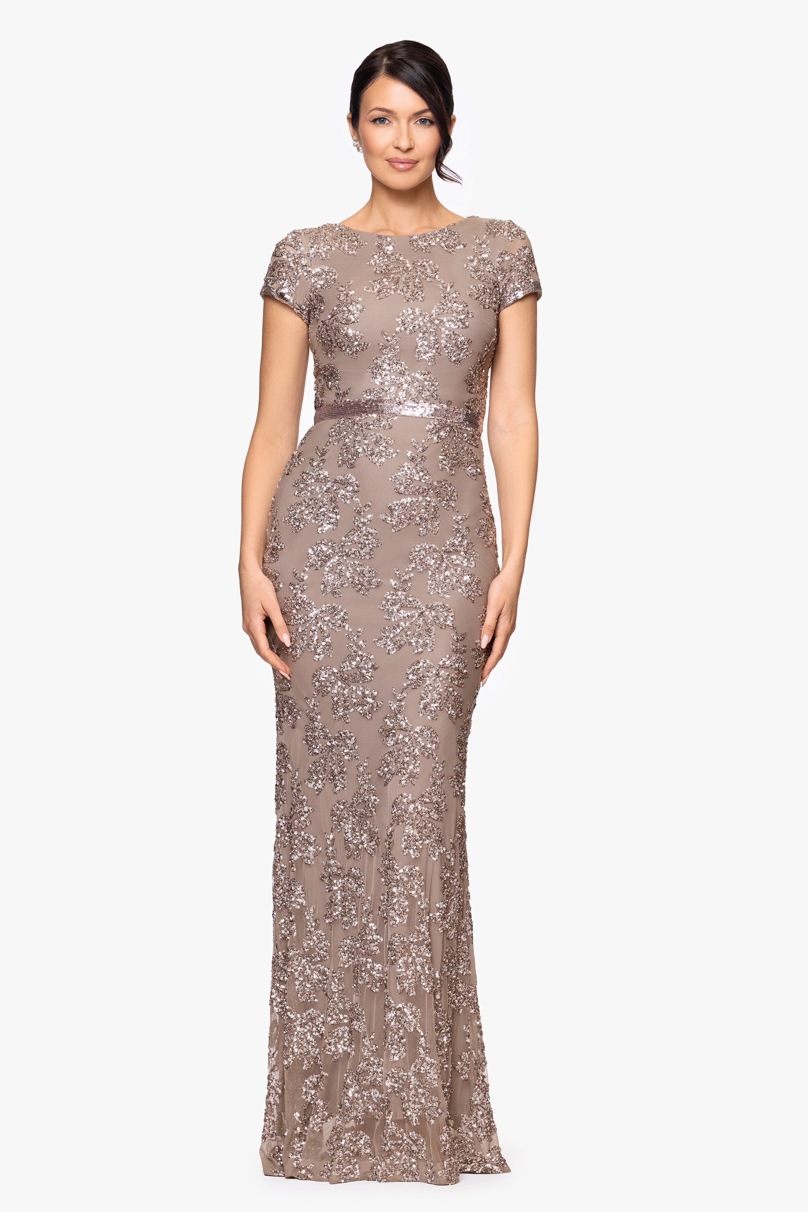 Betsy & Adam "Keisha" Sequin Embellished Short Sleeve Floor Length Dress