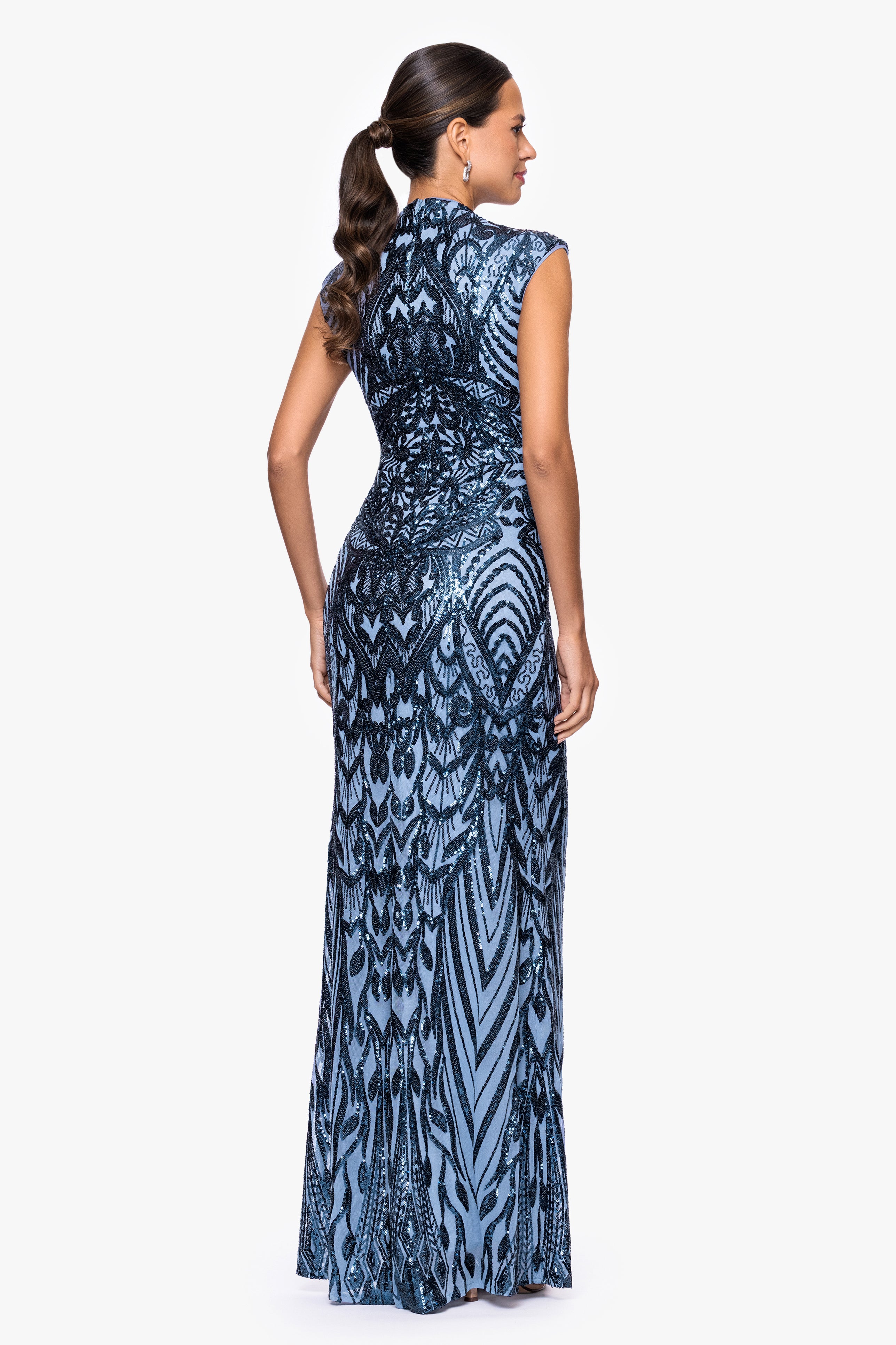 Betsy & Adam "Melina" Sequin Placement Mock Neck Sleeveless Floor Length Dress