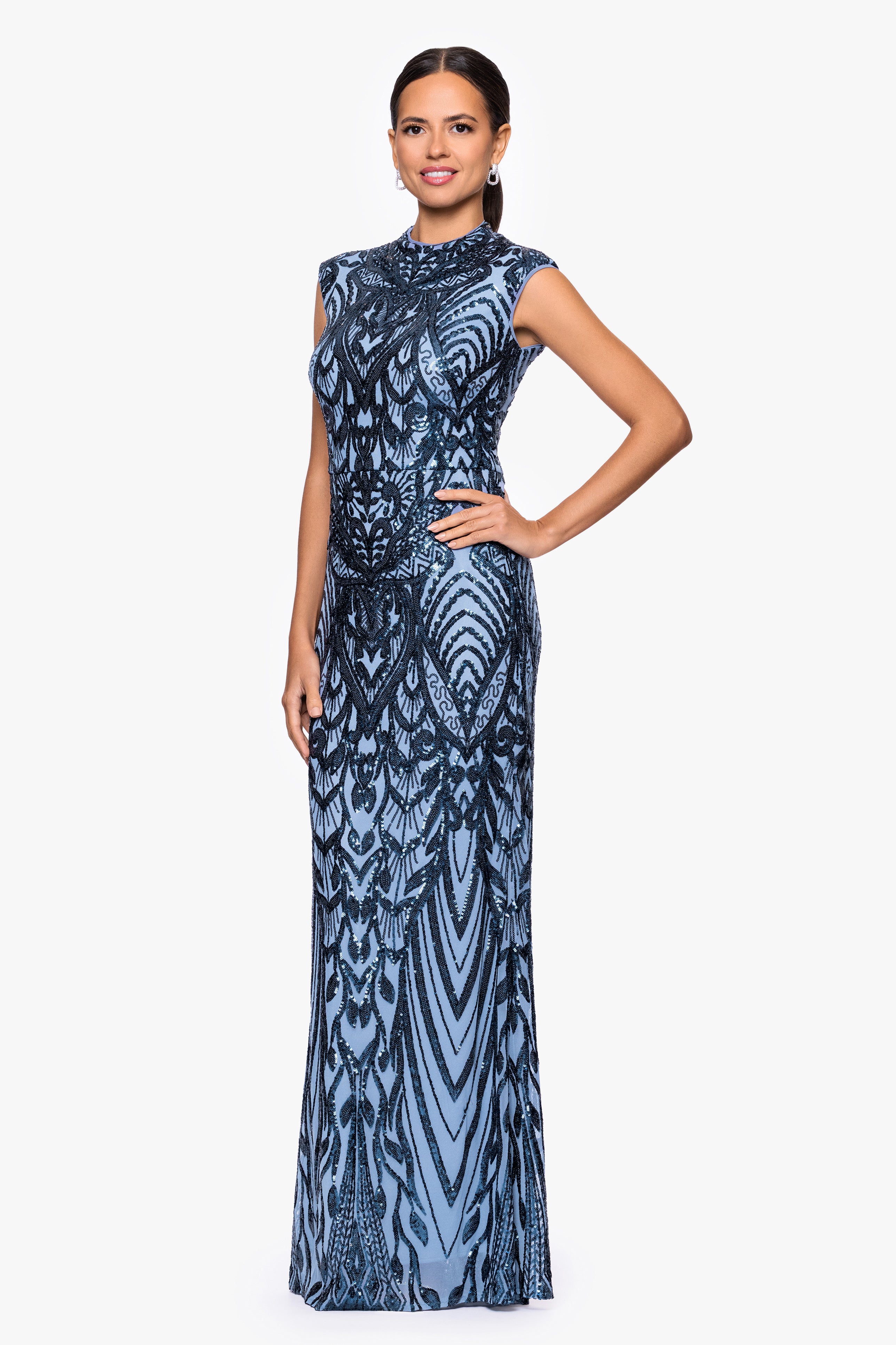 Betsy & Adam "Melina" Sequin Placement Mock Neck Sleeveless Floor Length Dress